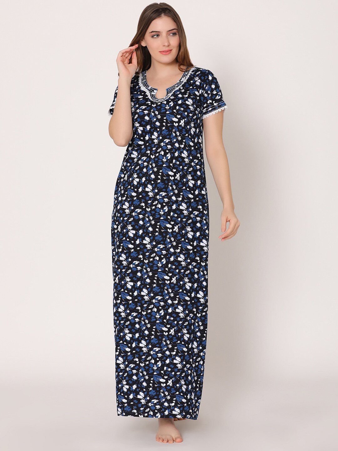 

Bodycare Women Printed Maxi Nightdress, Navy blue