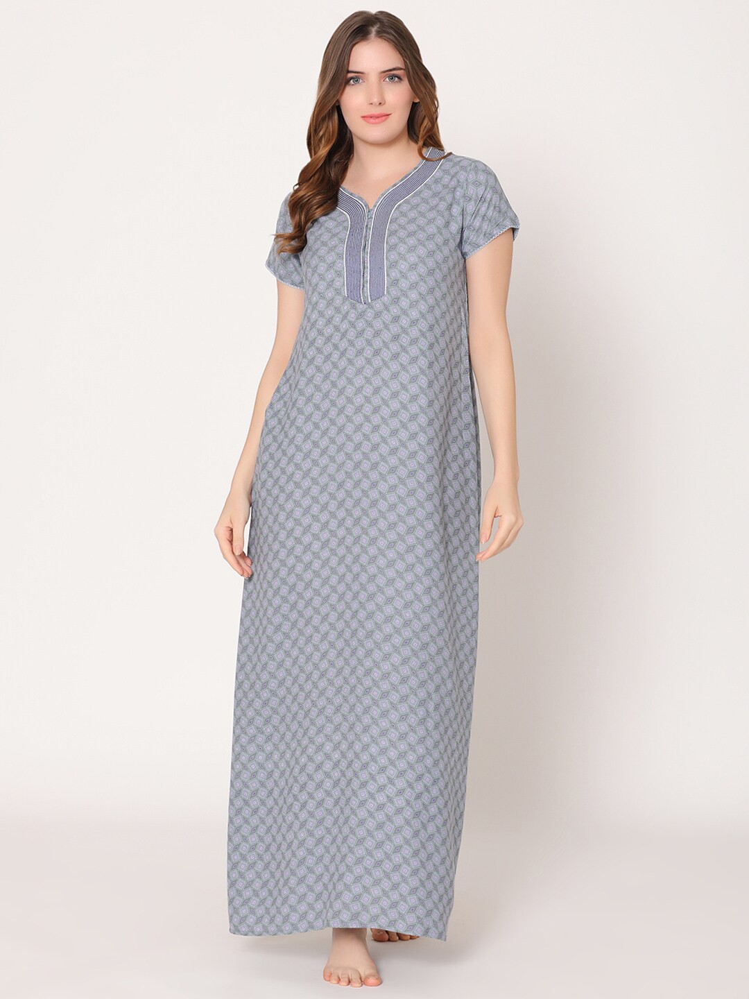 

Bodycare Women Printed Maxi Nightdress, Grey