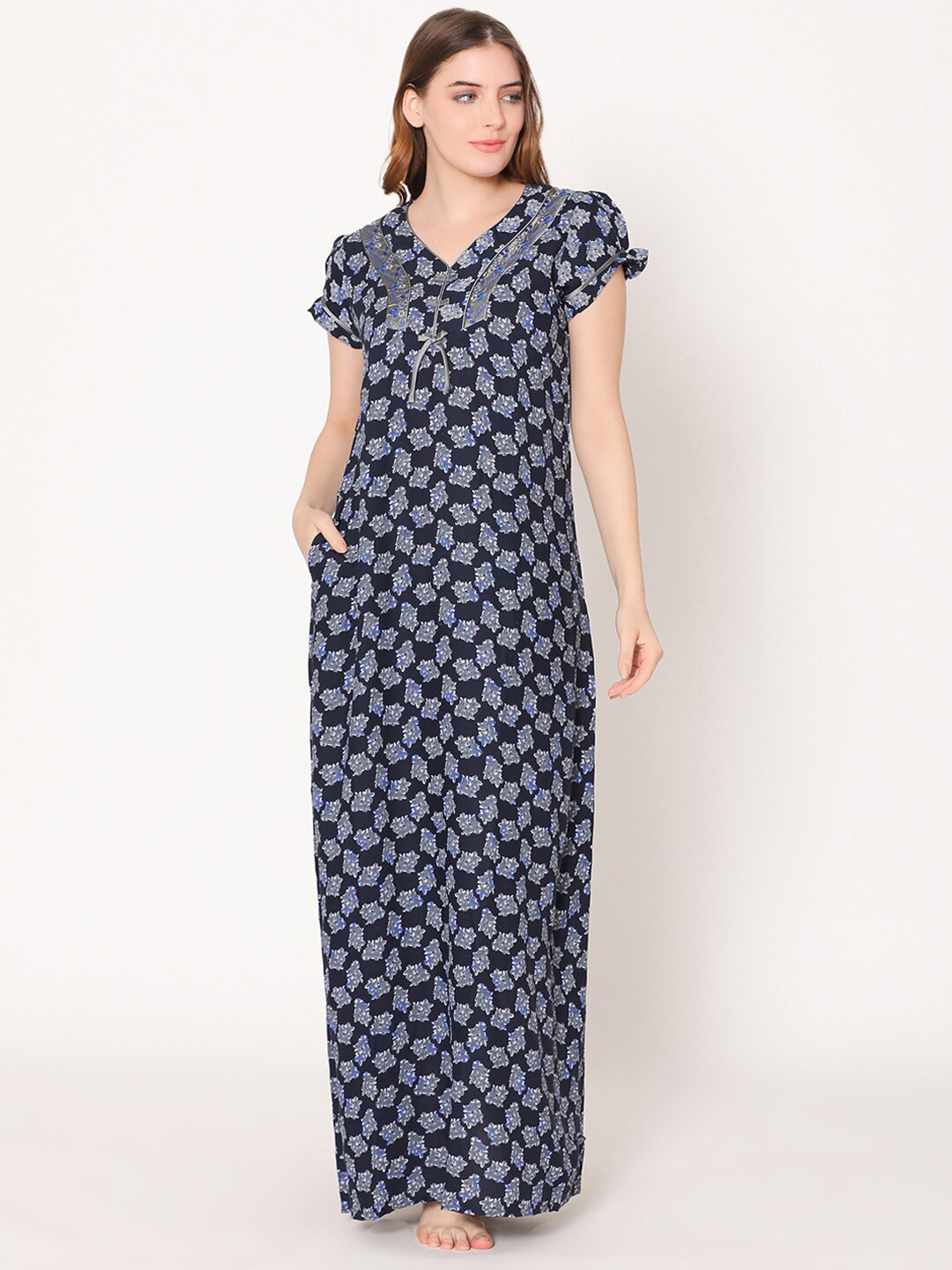 

Bodycare Women Printed Maxi Nightdress, Navy blue