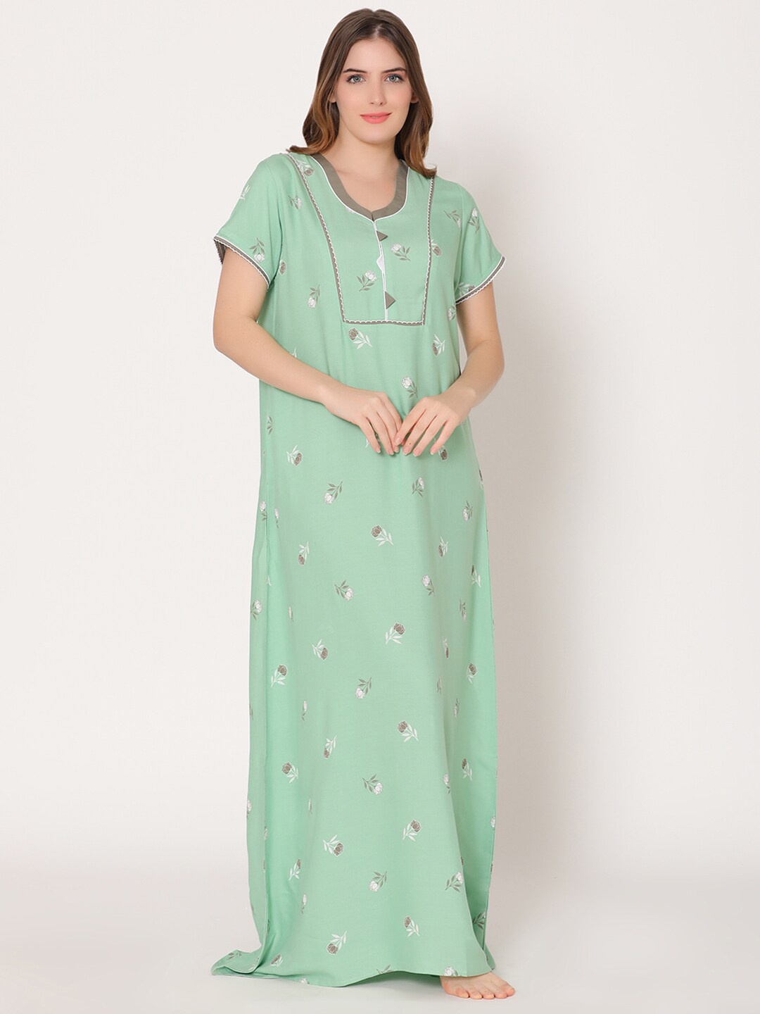 

Bodycare Women Printed Maxi Nightdress, Green