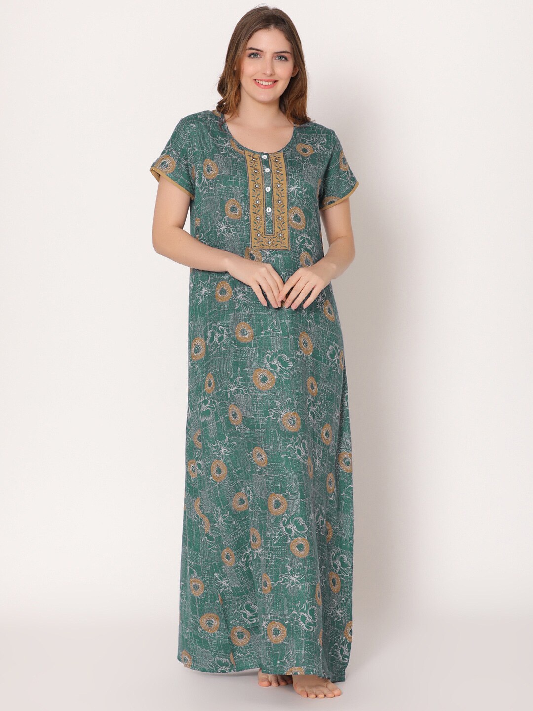 

Bodycare Women Printed Maxi Nightdress, Green