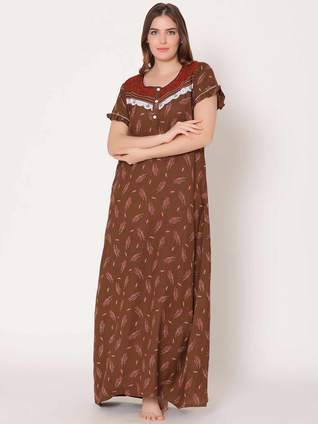 

Bodycare Women Printed Maxi Nightdress, Brown