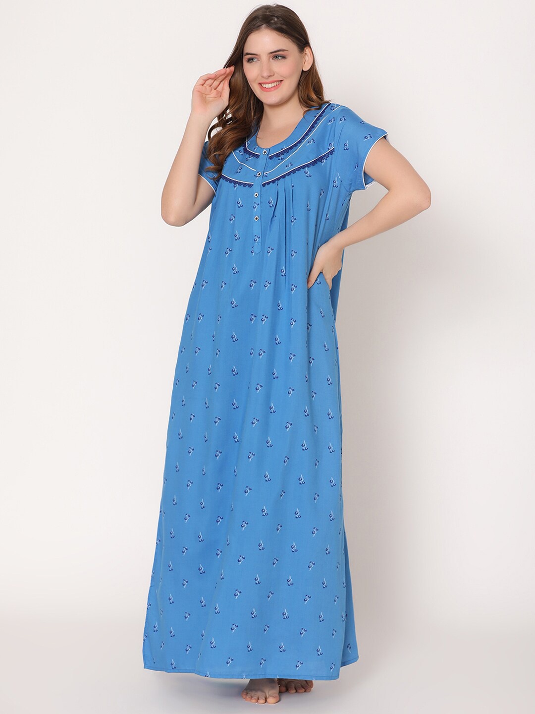 

Bodycare Women Plus Size Floral Printed Maxi Nightdress, Blue