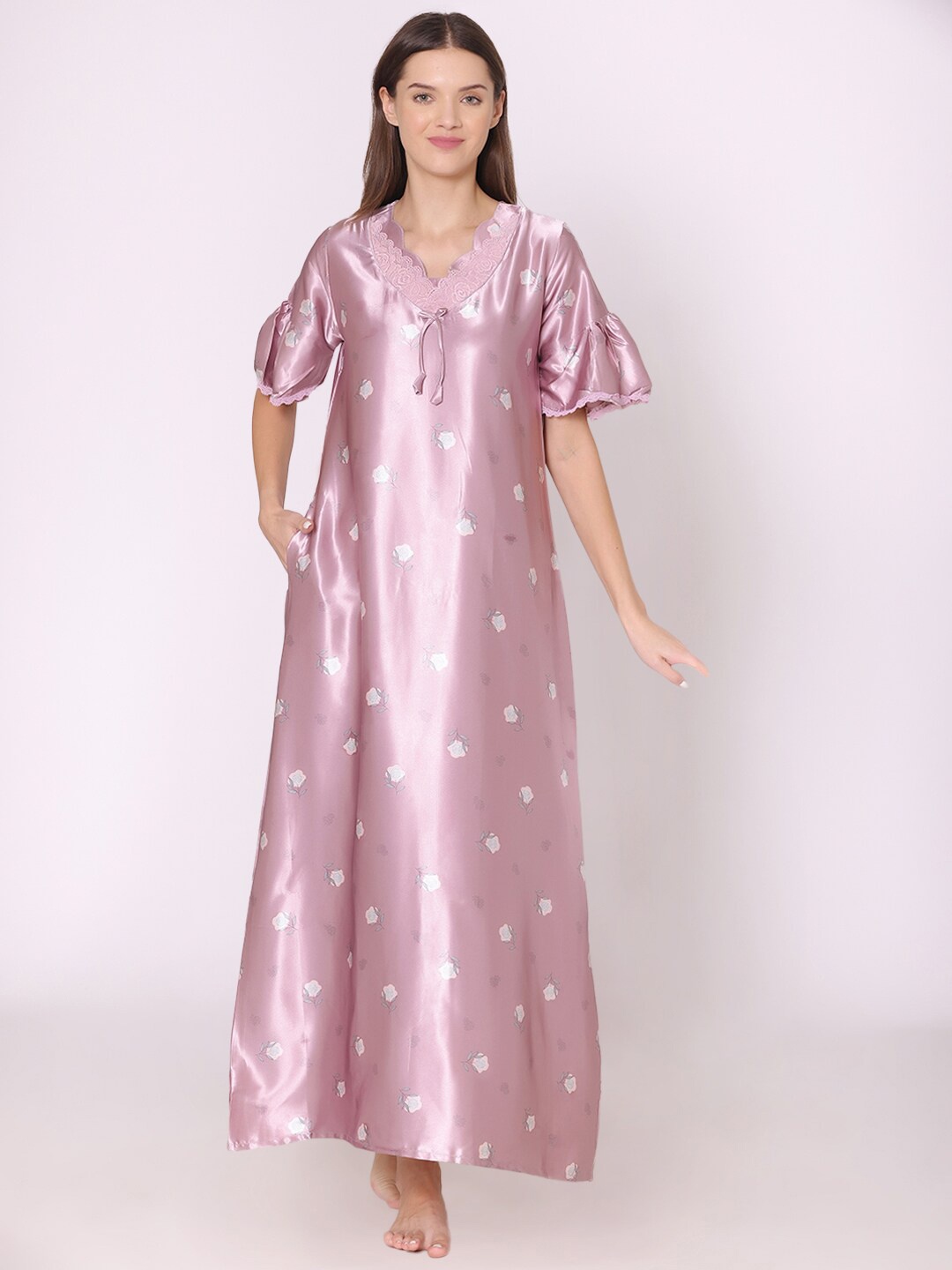 

Bodycare Satin Floral Printed Maxi Nightdress, Violet