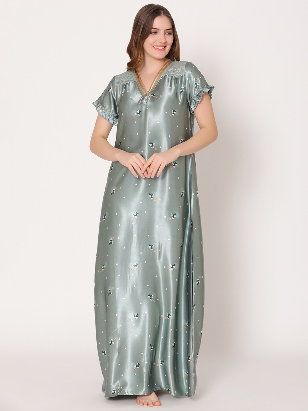

Bodycare Women Printed Satin Maxi Nightdress, Green