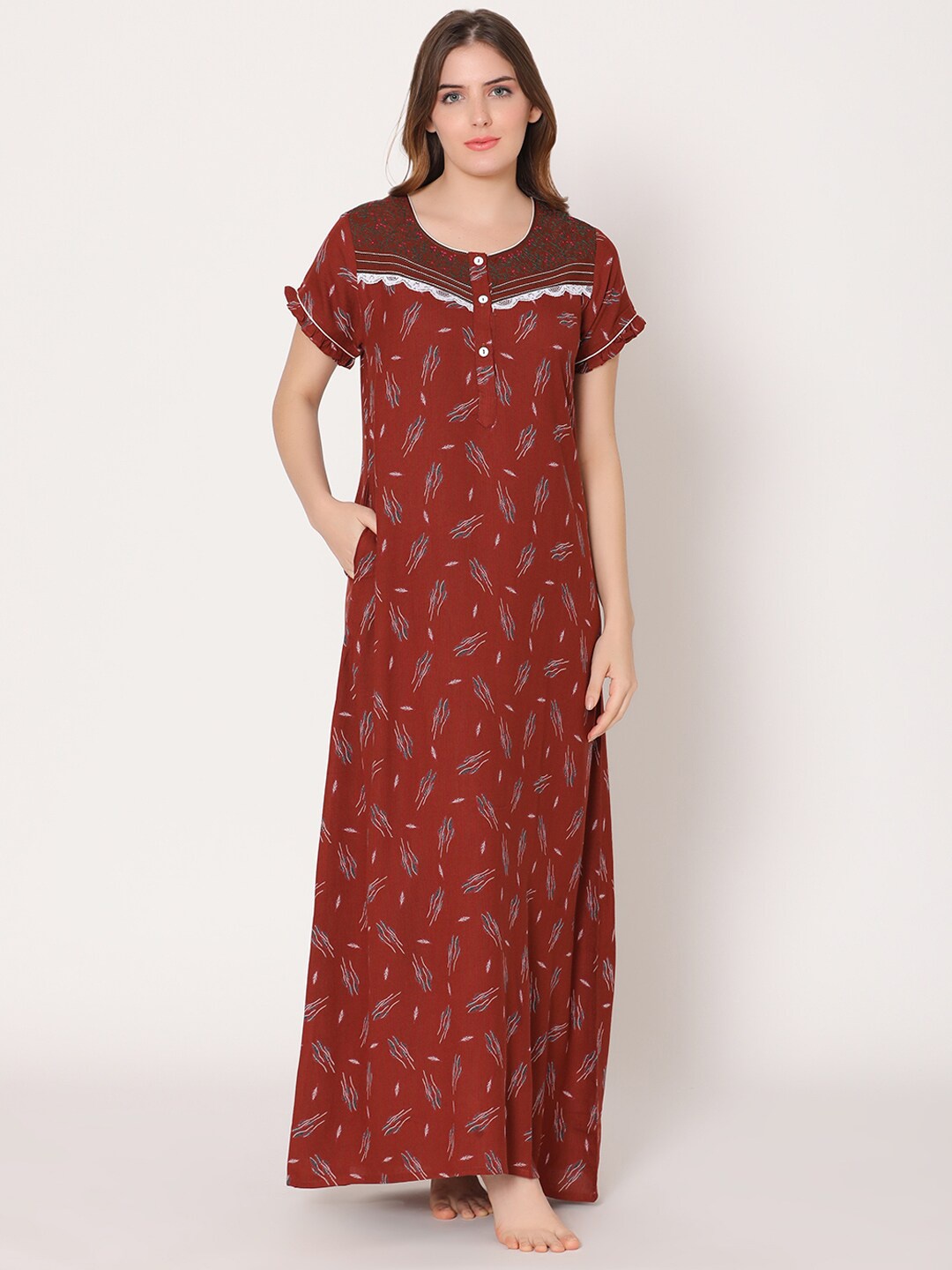 

Bodycare Women Printed Maxi Nightdress, Maroon