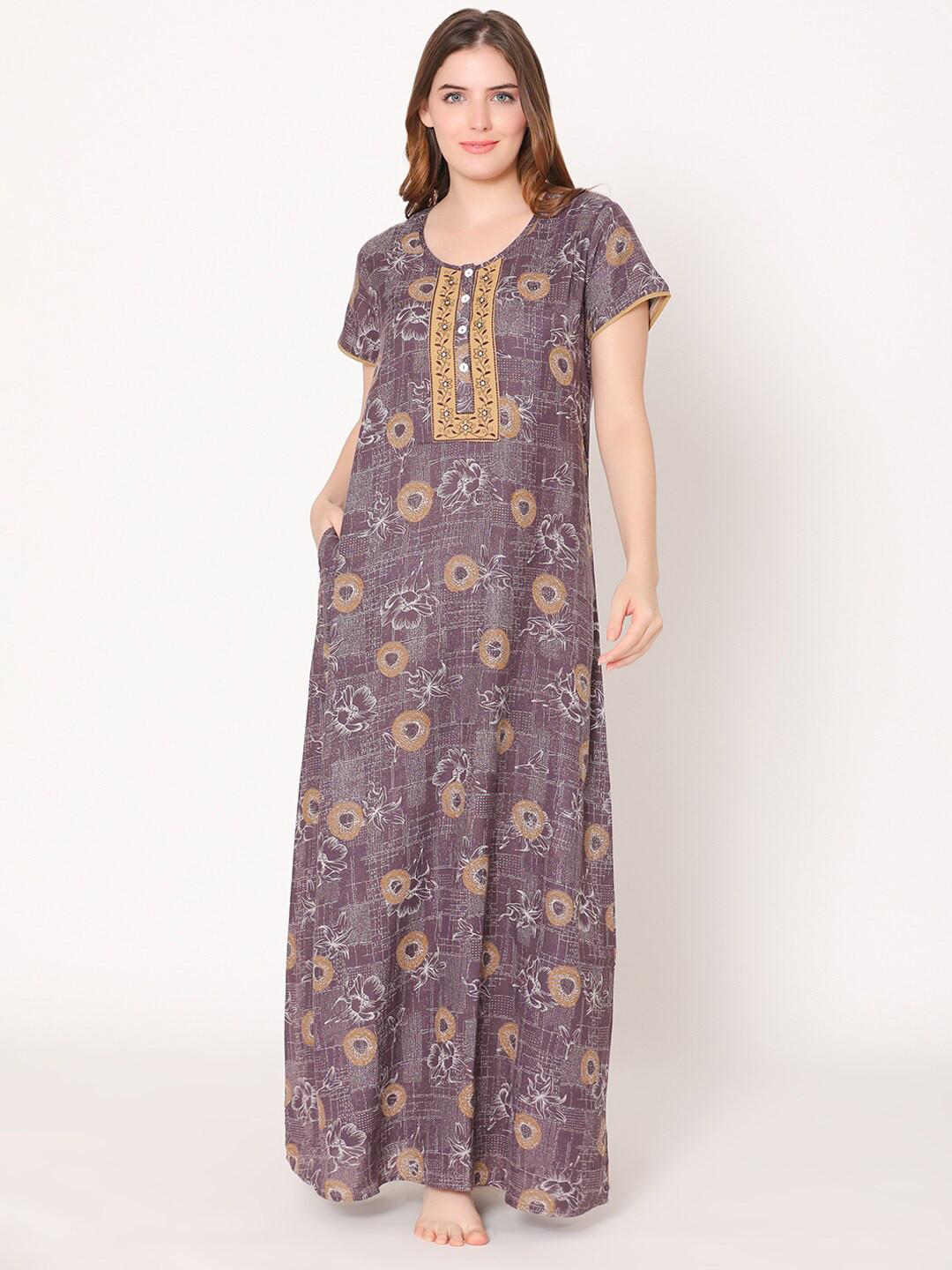 

Bodycare Women Printed Maxi Nightdress, Purple