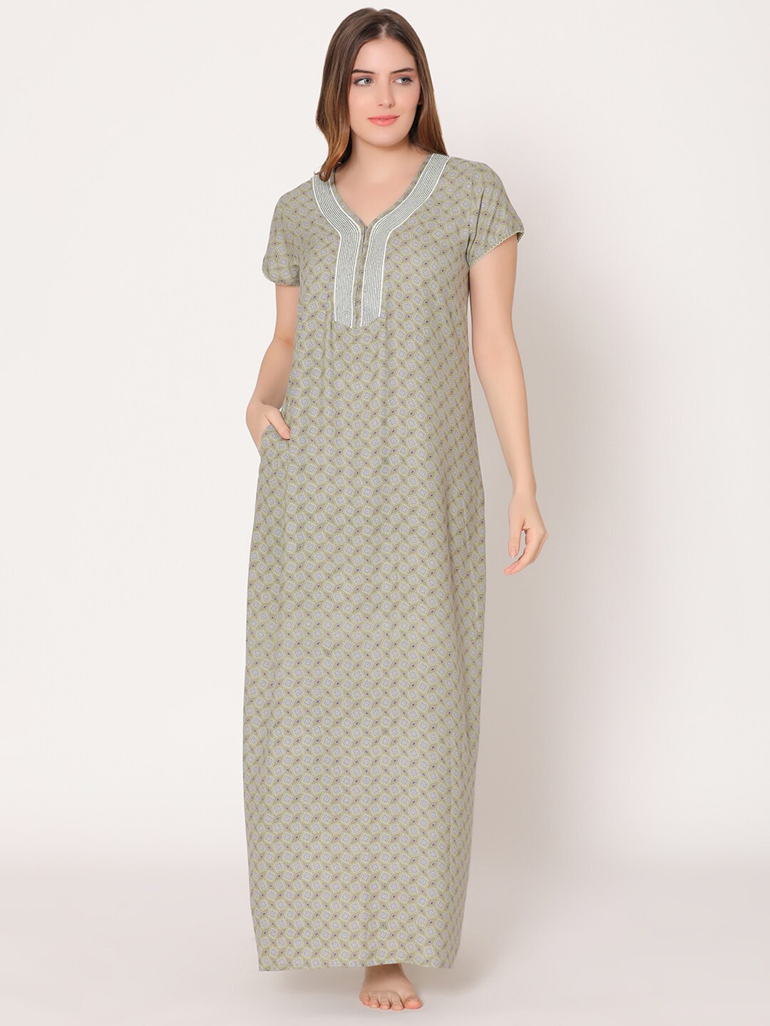 

Bodycare Women Printed Maxi Nightdress, Green