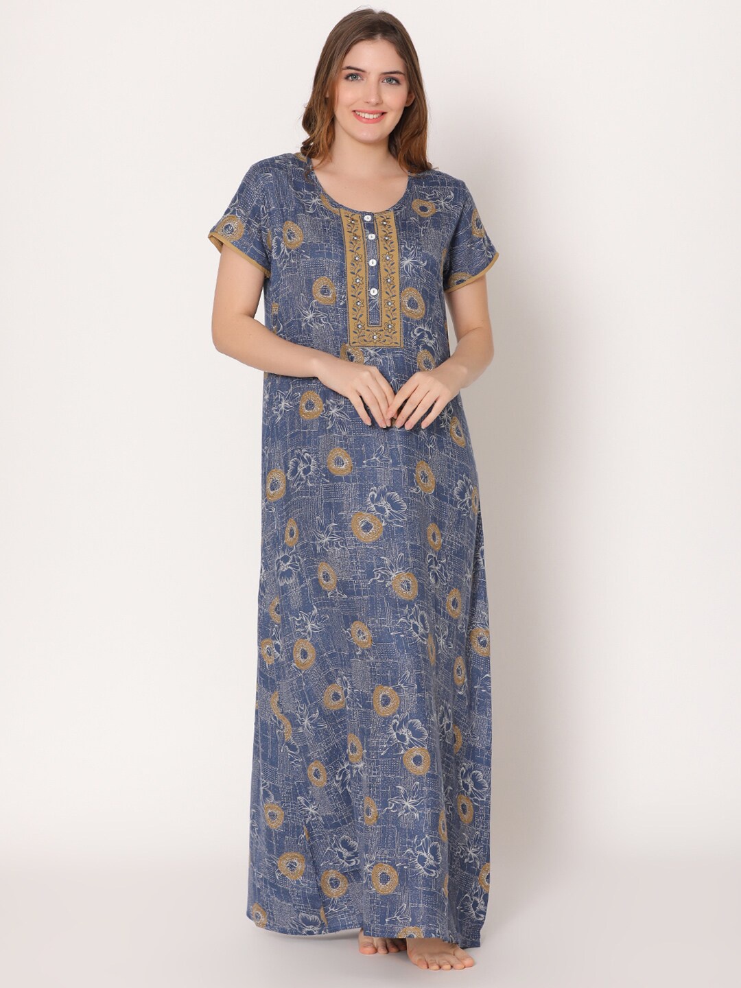 

Bodycare Women Printed Maxi Nightdress, Blue