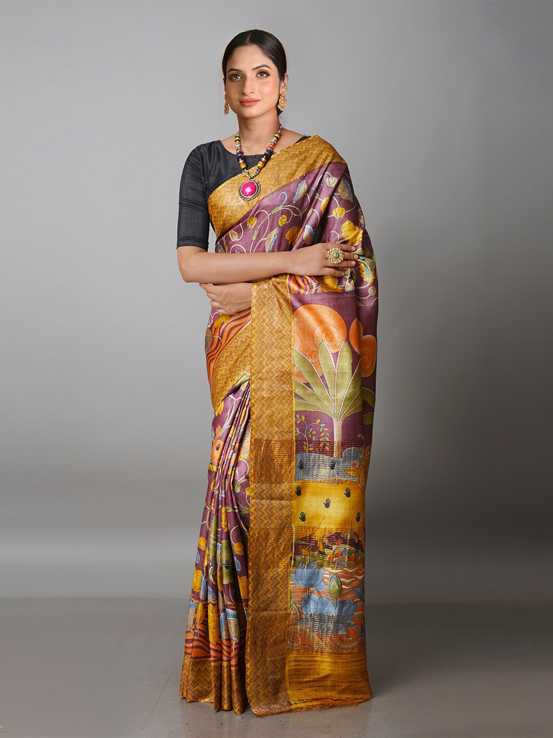 

Unnati Silks Kalamkari Pure Silk Tussar Saree, Purple