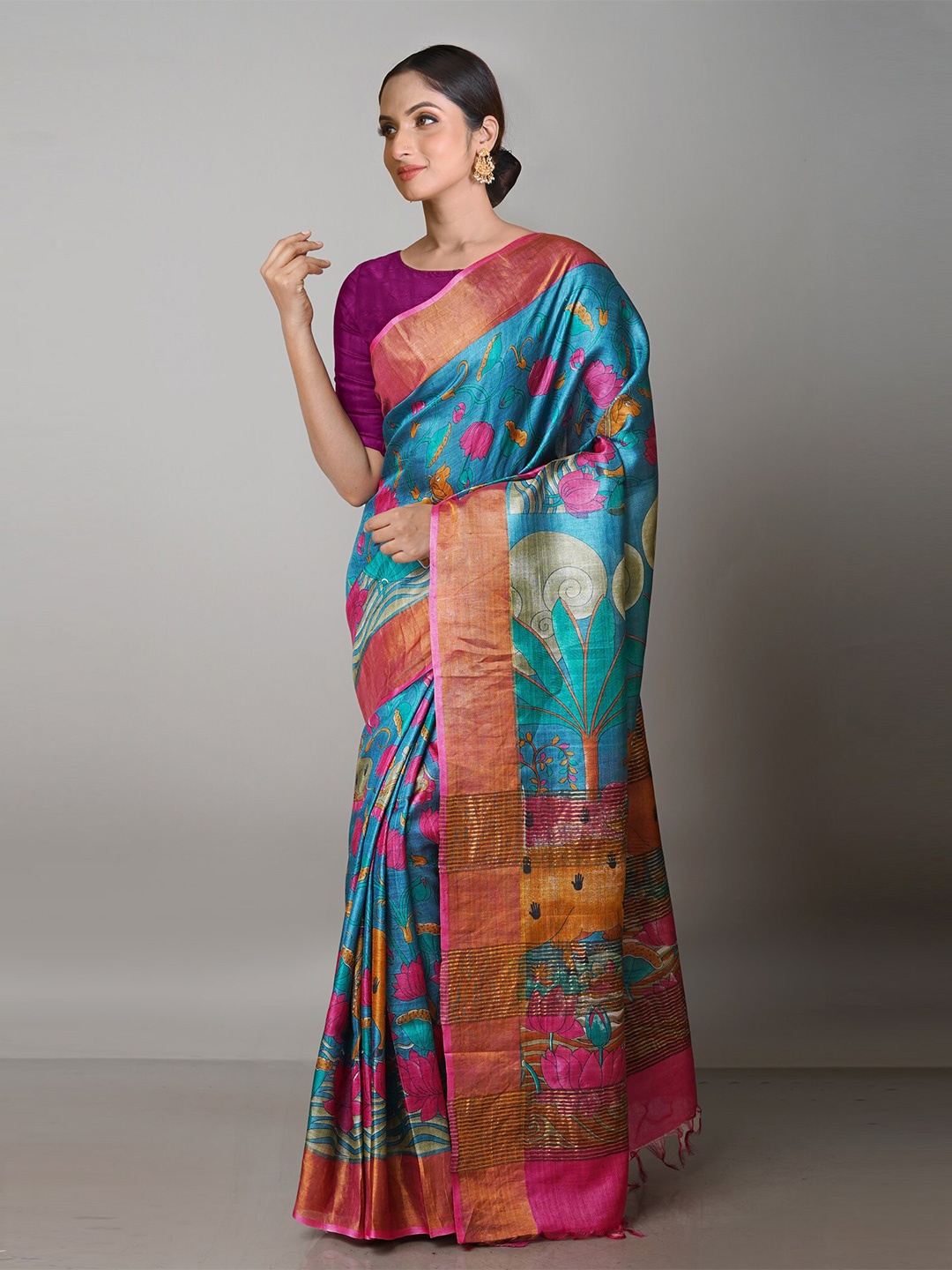 

Unnati Silks Kalamkari Pure Silk Tussar Saree, Teal