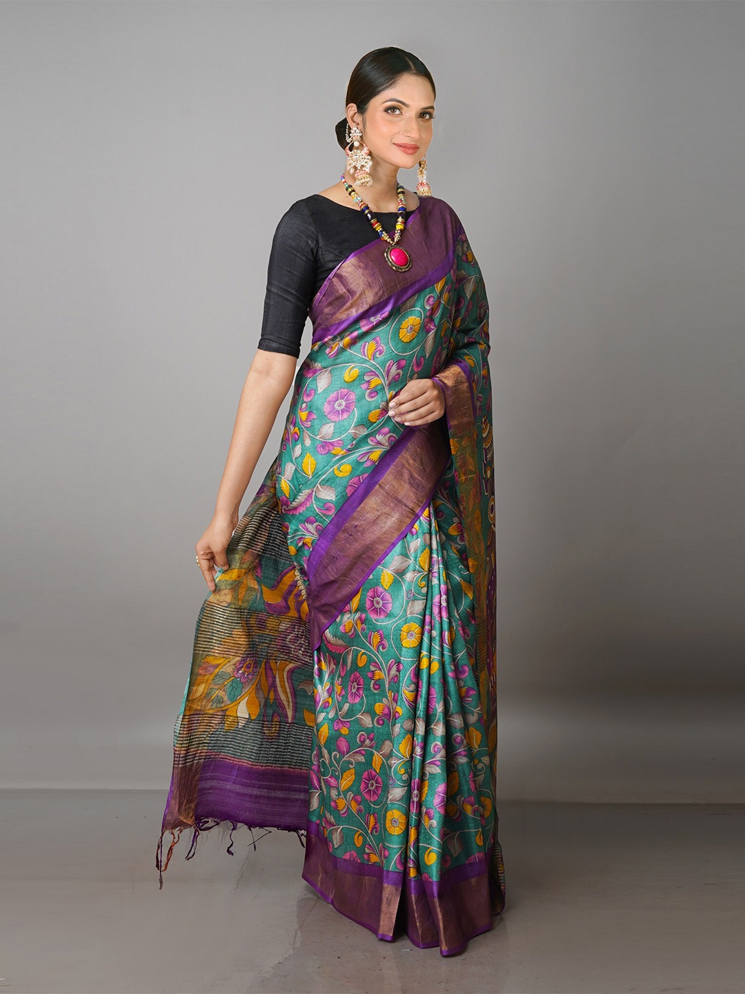 

Unnati Silks Floral Zari Pure Silk Tussar Saree, Teal