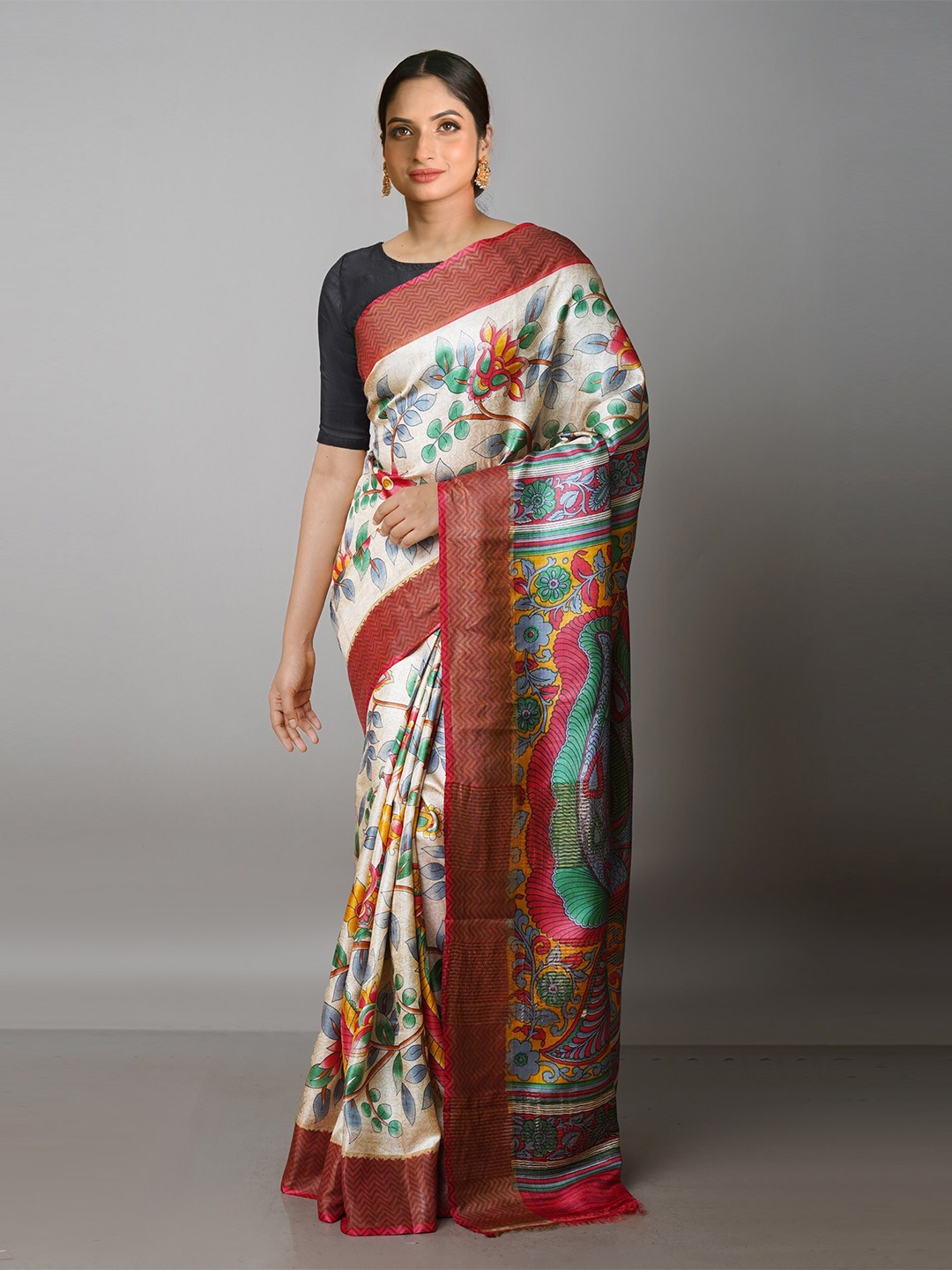 

Unnati Silks Kalamkari Pure Silk Tussar Saree, Beige