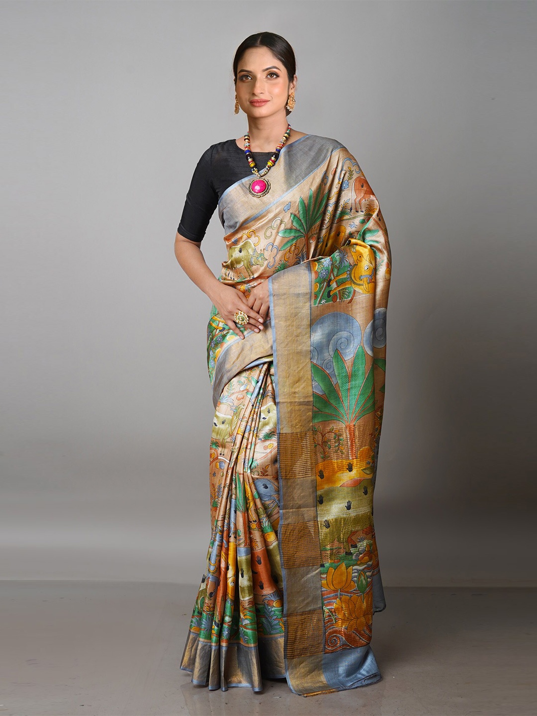 

Unnati Silks Kalamkari Zari Pure Silk Tussar Saree, Brown