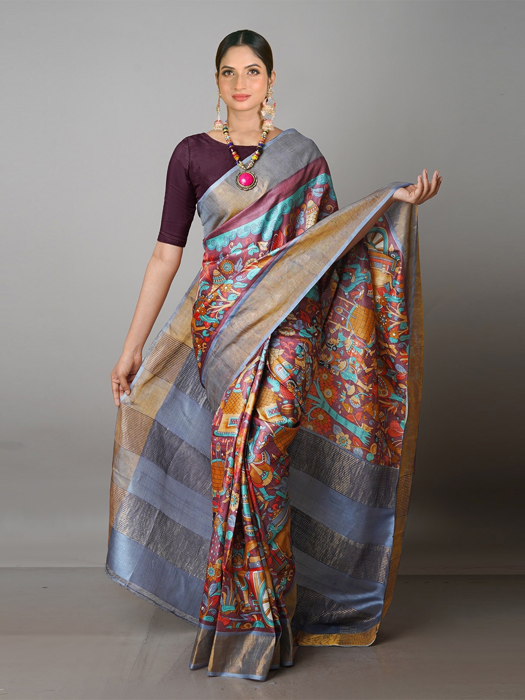 

Unnati Silks Kalamkari Pure Silk Tussar Saree, Blue