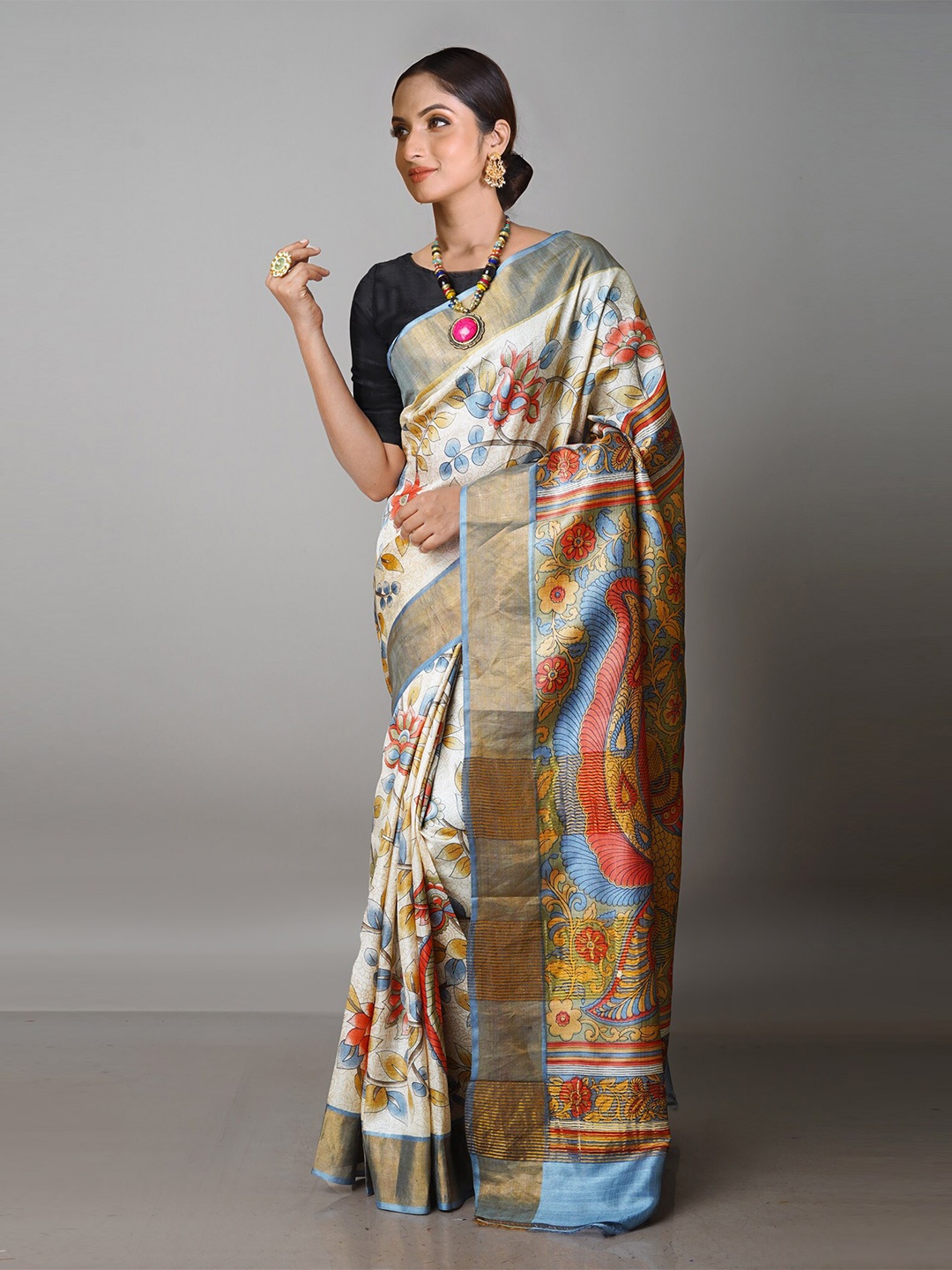 

Unnati Silks Kalamkari Zari Pure Silk Tussar Saree, Beige