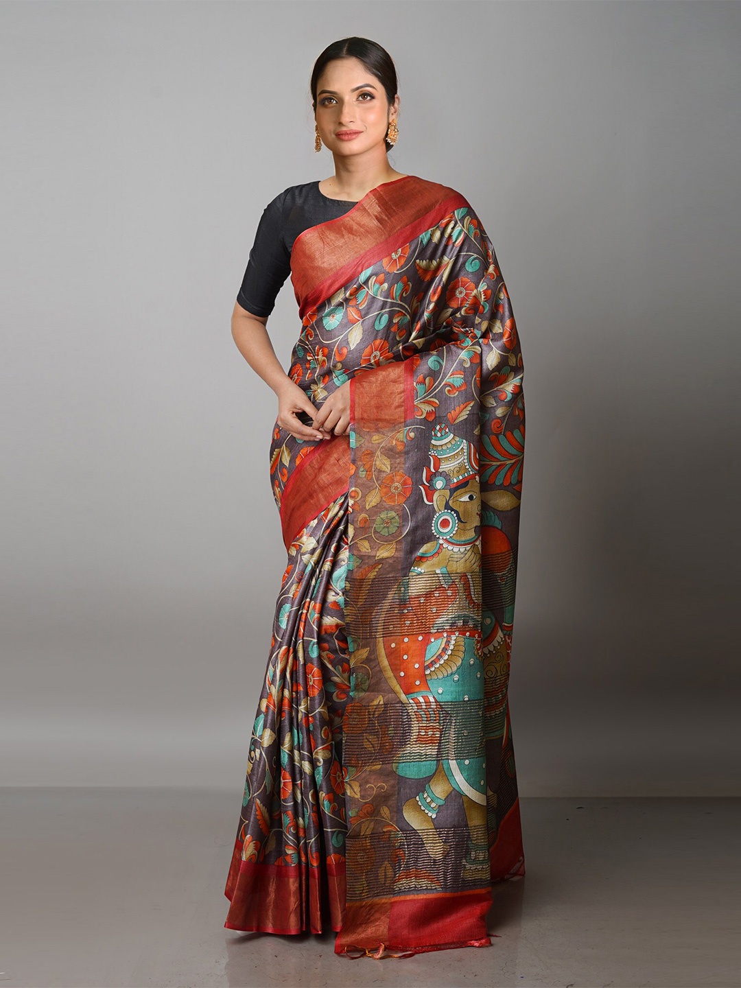 

Unnati Silks Kalamkari Zari Pure Silk Tussar Saree, Violet