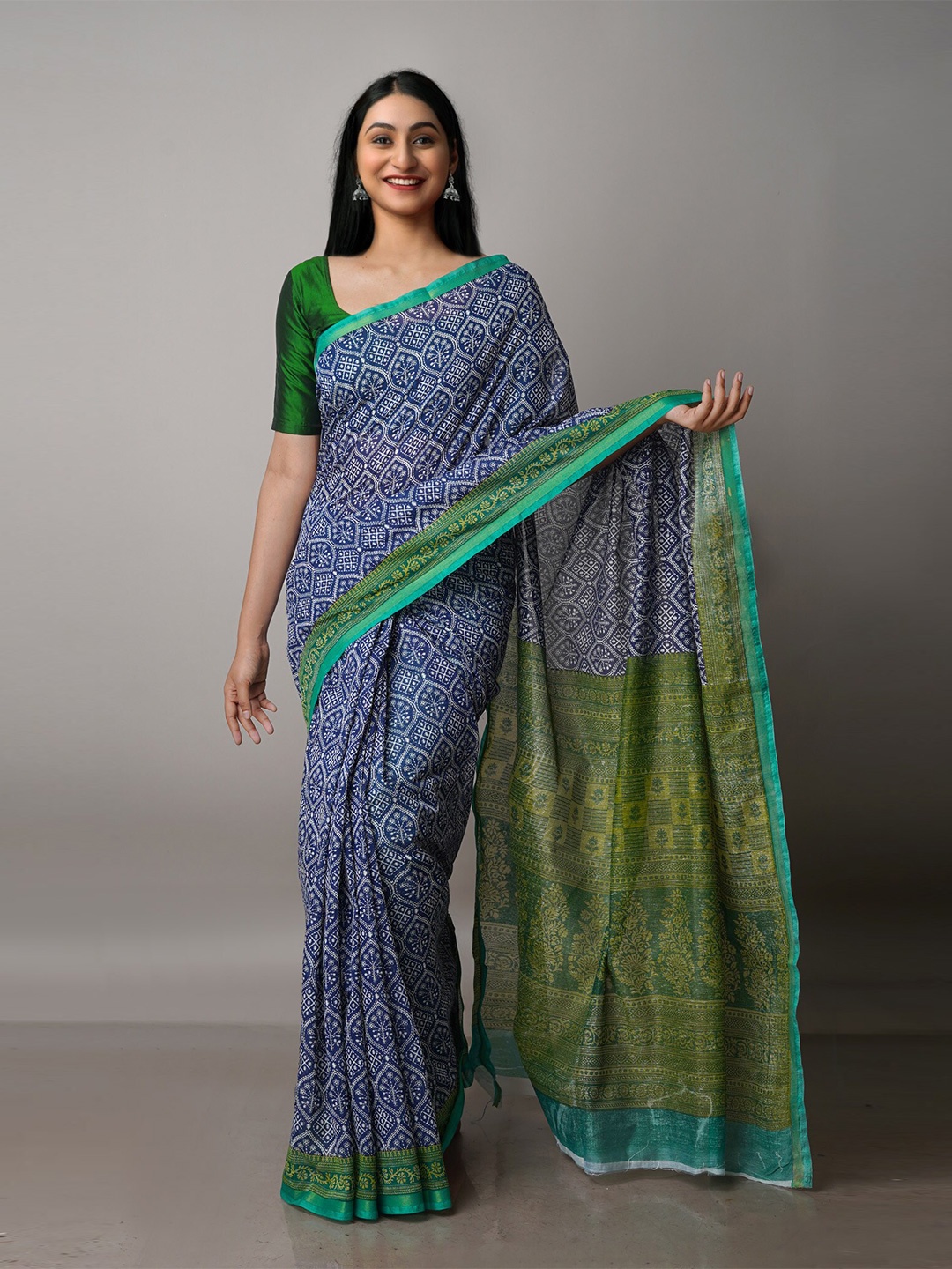 

Unnati Silks Ethnic Motifs Silk Cotton Chanderi Saree, Navy blue