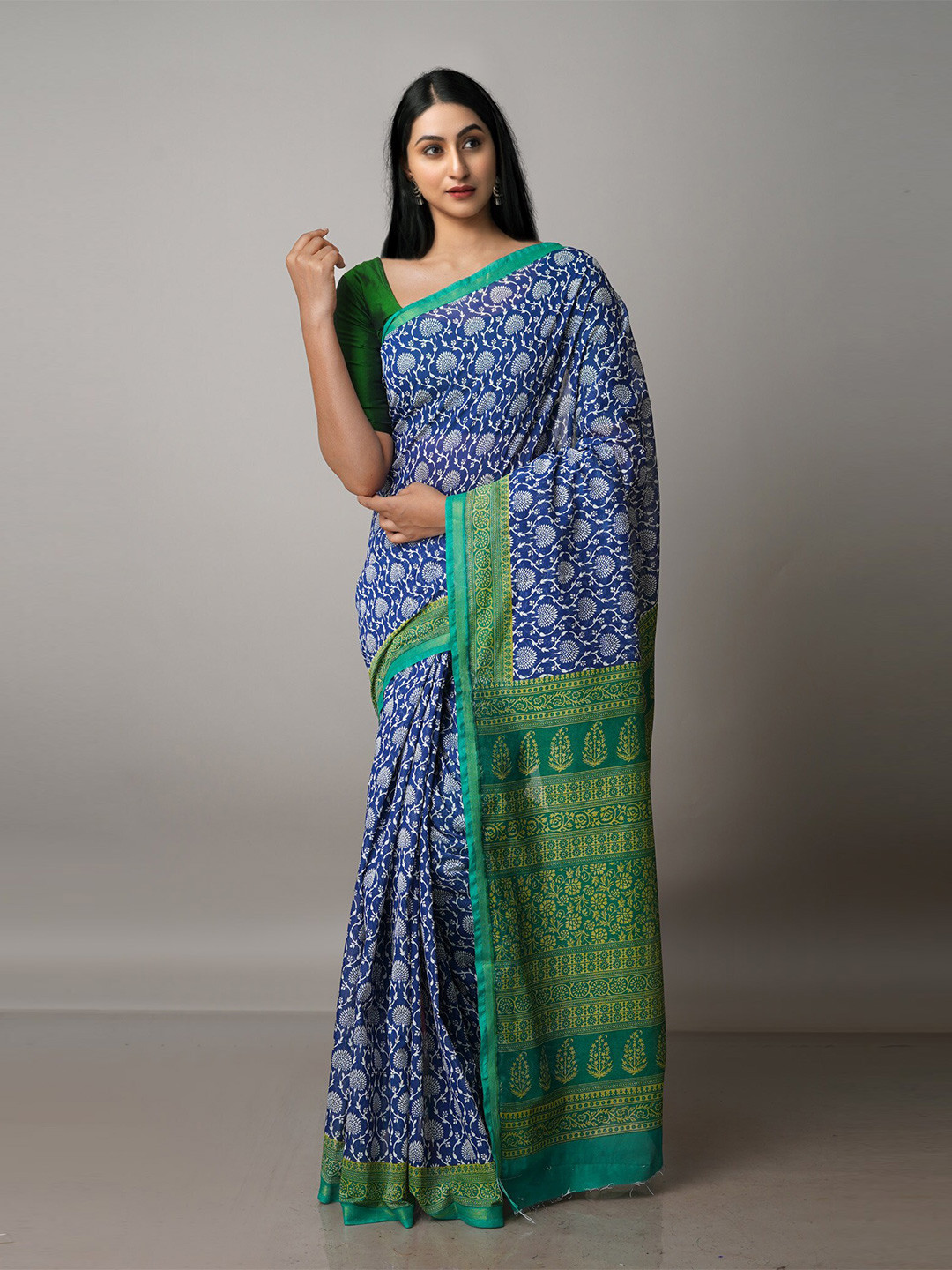 

Unnati Silks Ethnic Motifs Zari Silk Cotton Chanderi Saree, Navy blue