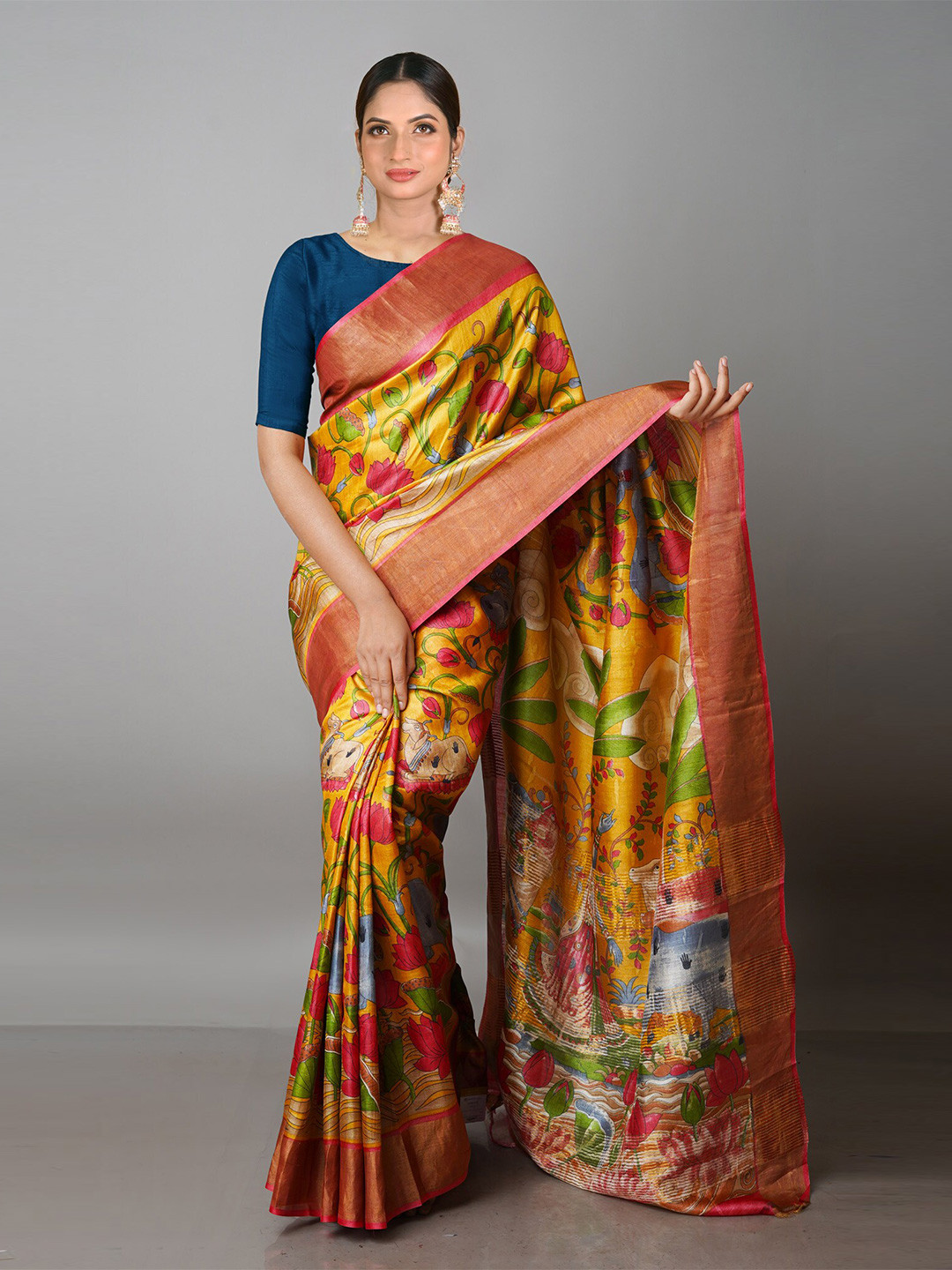 

Unnati Silks Kalamkari Zari Pure Silk Tussar Saree, Yellow