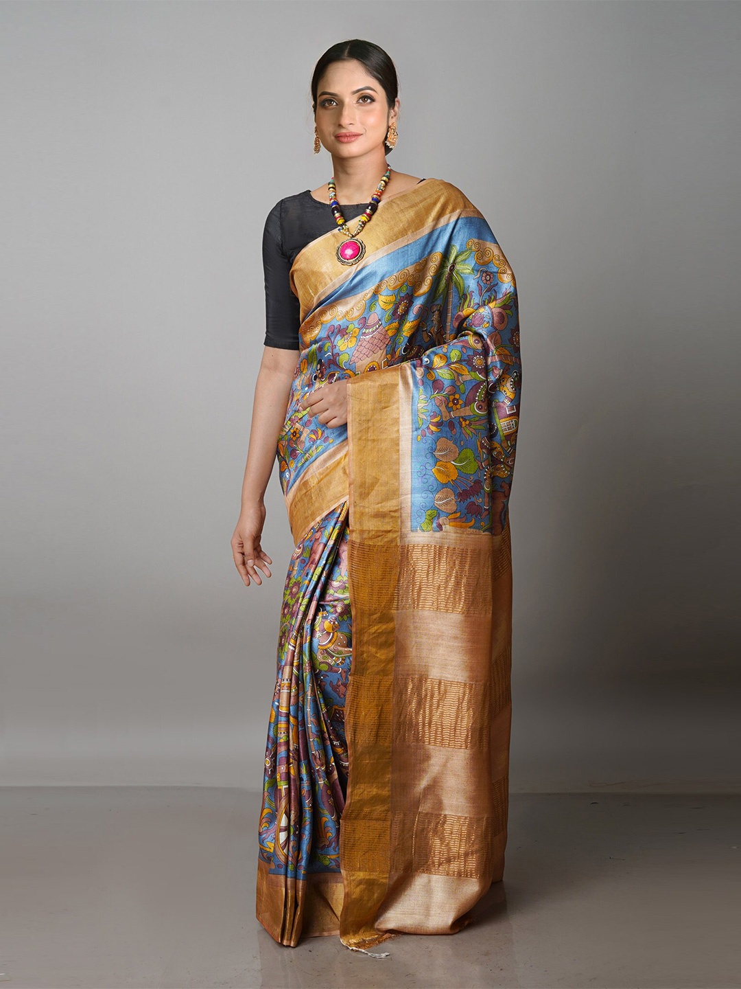 

Unnati Silks Kalamkari Zari Pure Silk Tussar Saree, Blue