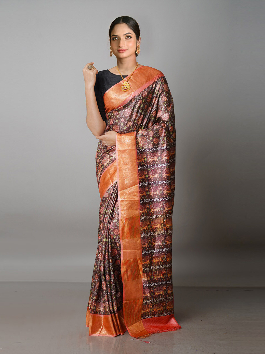 

Unnati Silks Kalamkari Zari Pure Silk Tussar Saree, Coffee brown