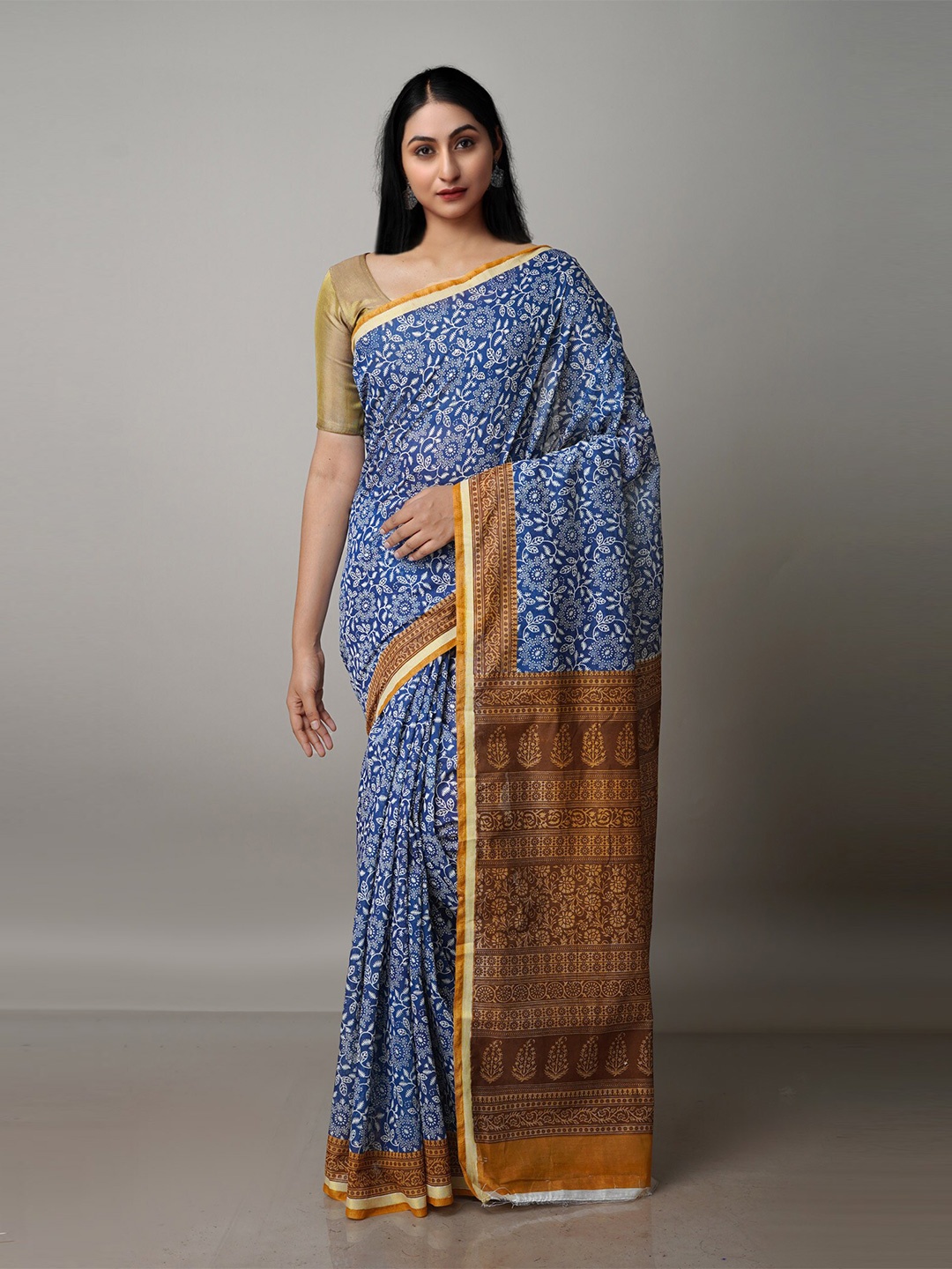 

Unnati Silks Ethnic Motifs Silk Cotton Chanderi Saree, Navy blue
