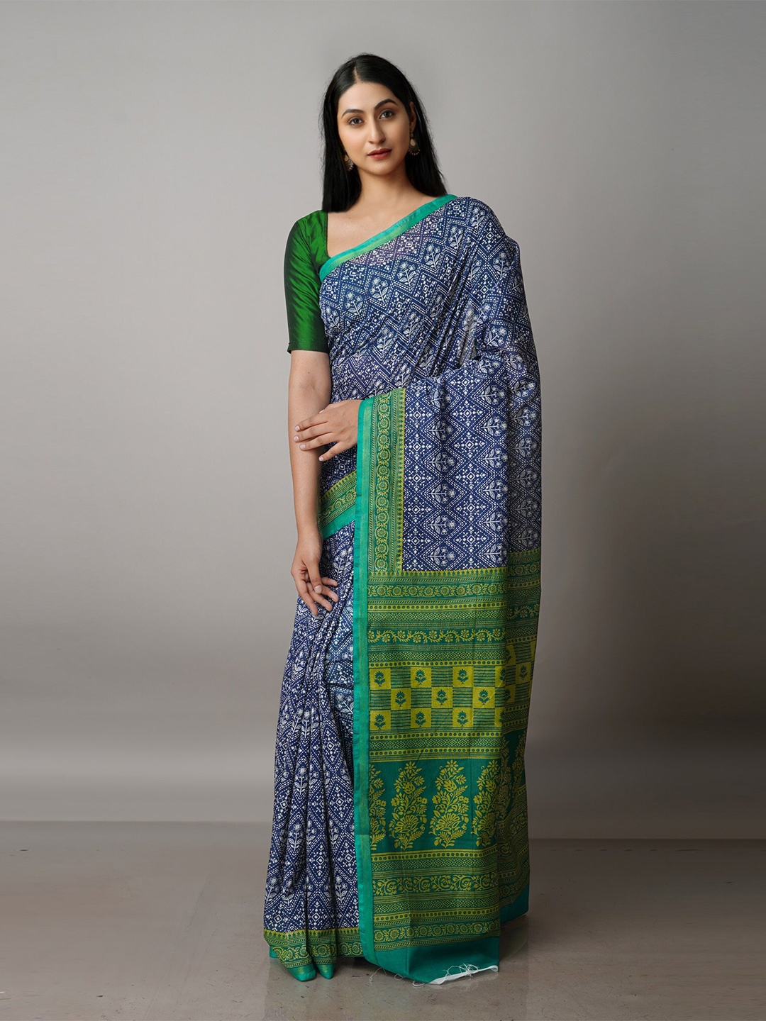

Unnati Silks Ethnic Motifs Printed Chanderi Saree, Navy blue