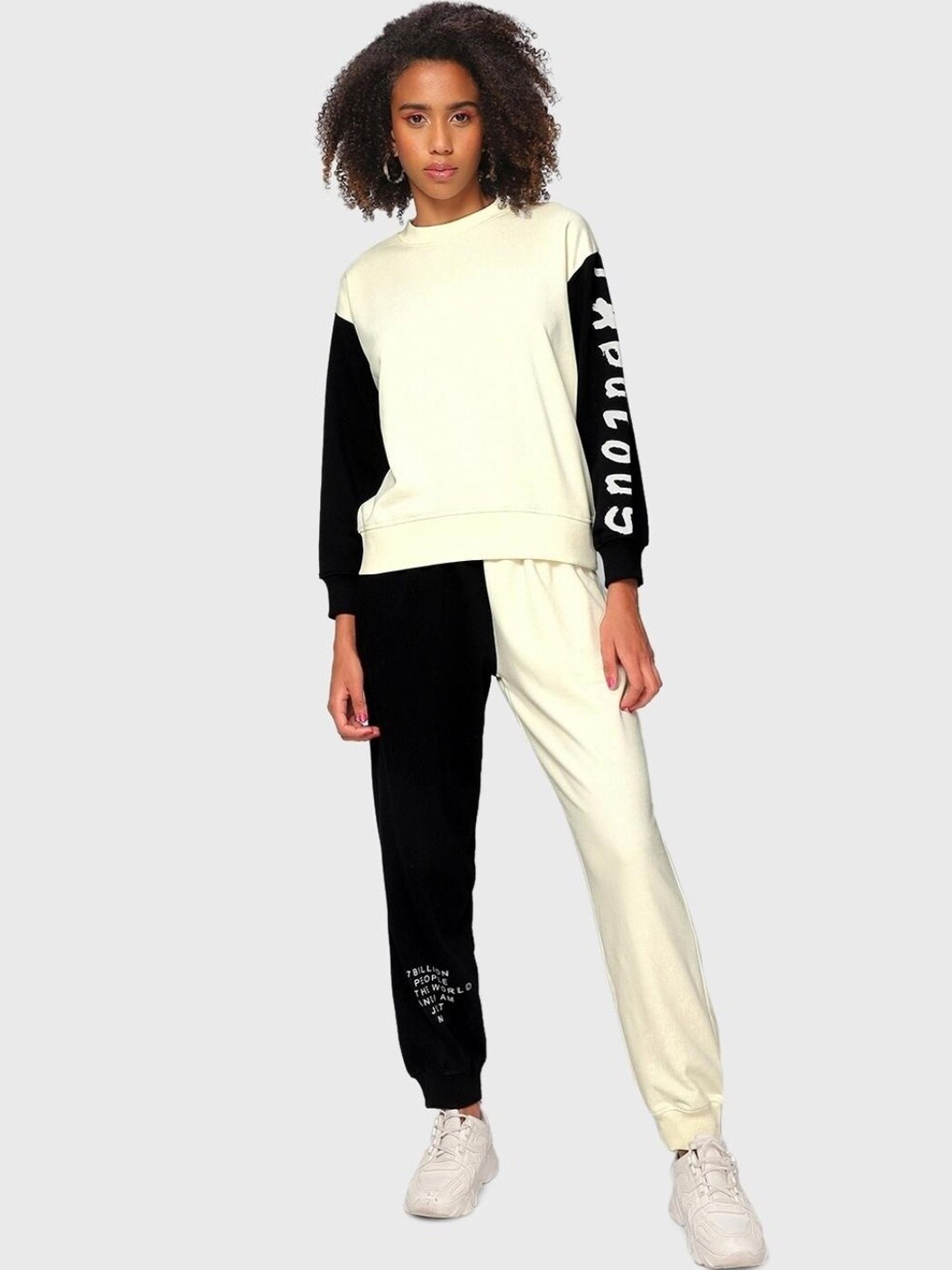 

Bewakoof Women Colourblocked Pure Cotton Sweatshirt With Joggers, Cream