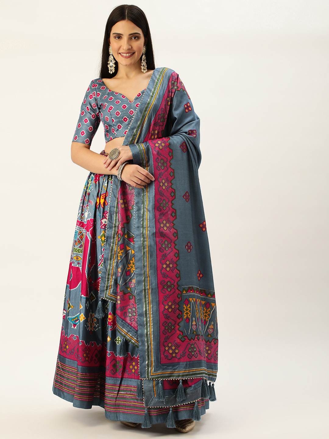 

LOOKNBOOK ART Dola Silk With Patola Print & Foil Work Lehenga Choli, Grey