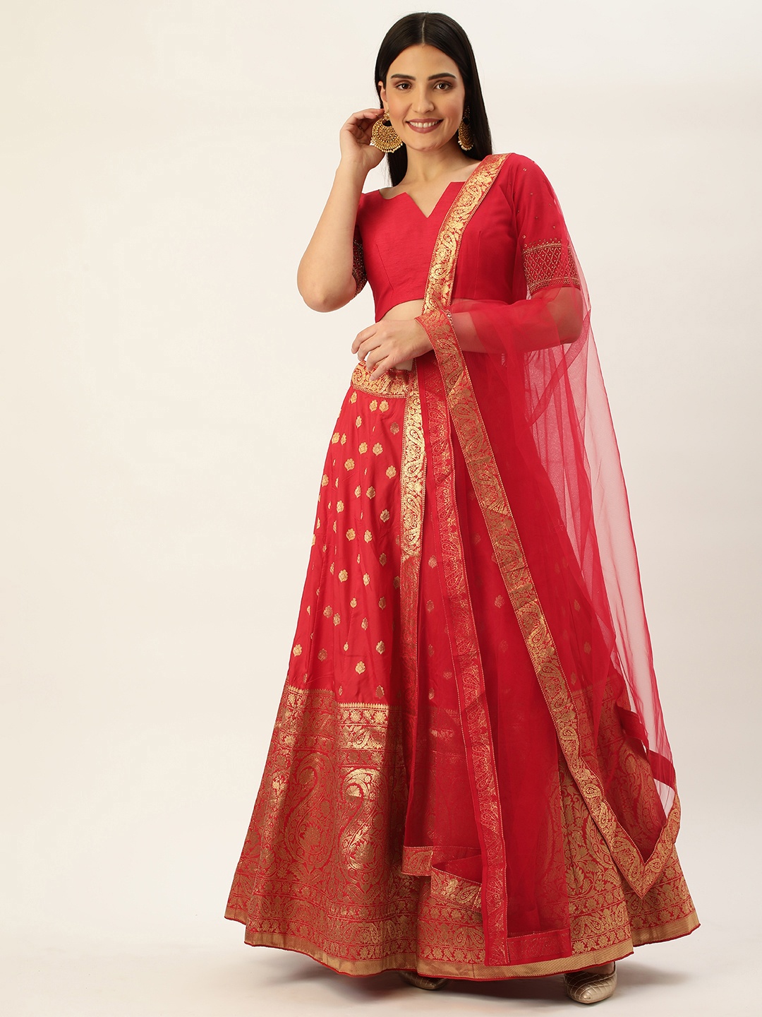 

LOOKNBOOK ART Jacquard Silk Weaving Zari Work Lehenga Choli, Red