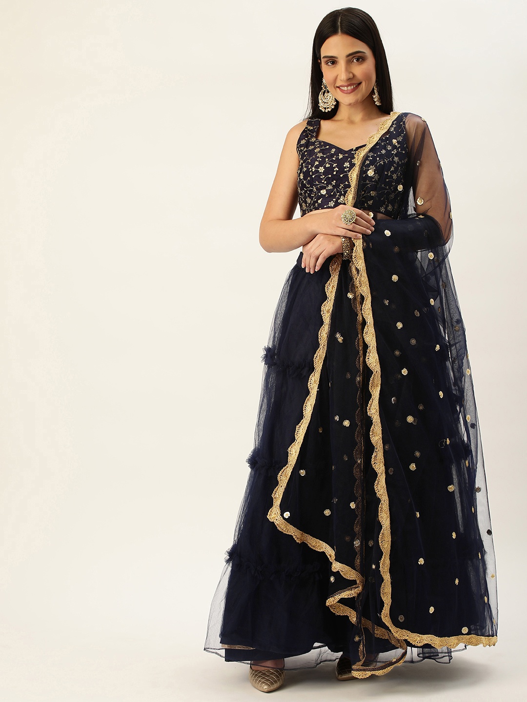 

LOOKNBOOK ART Embroidered Semi-Stitched Lehenga Choli With Dupatta, Navy blue