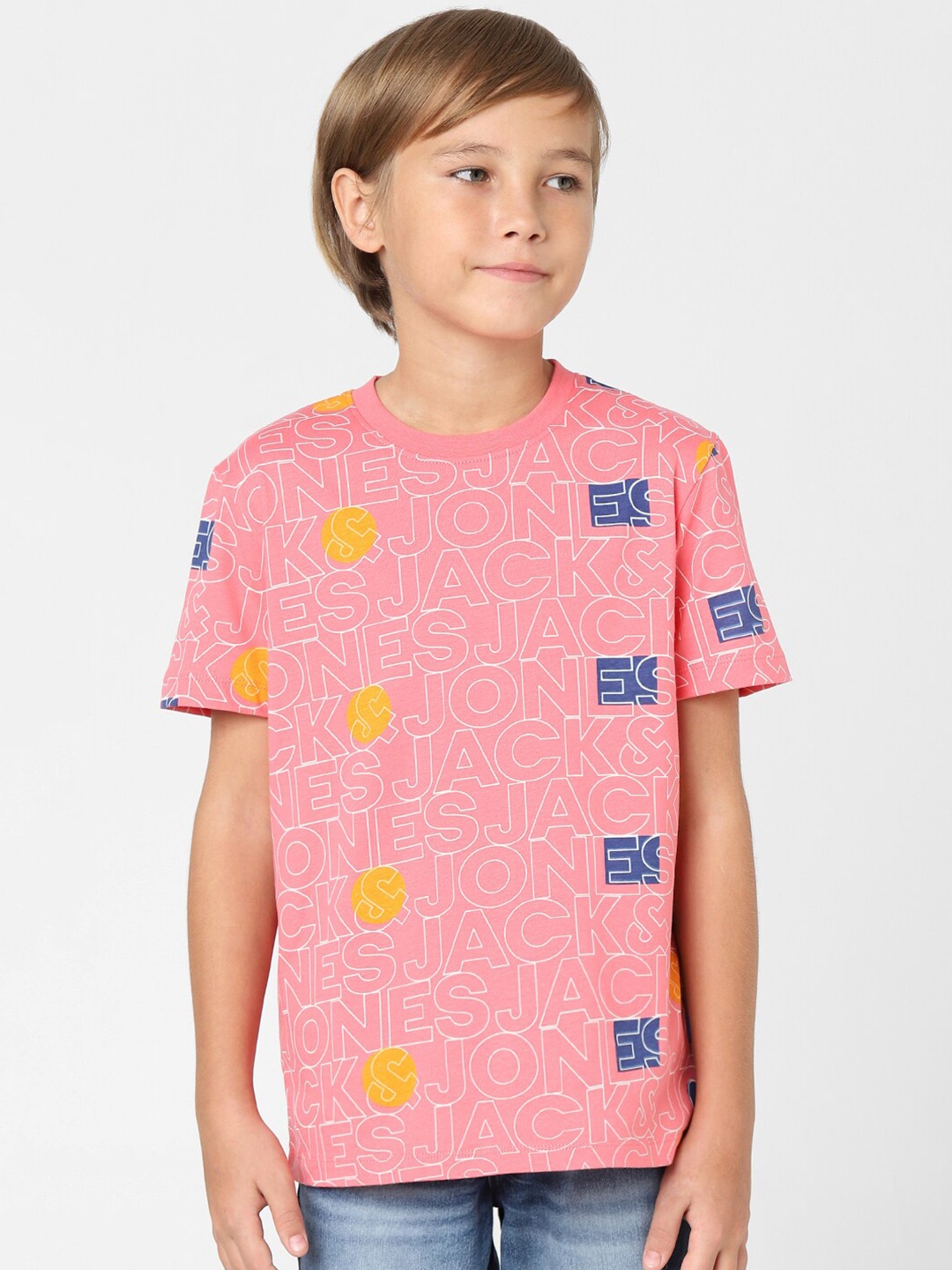 

Jack & Jones Junior Boys Typography Printed Cotton T-shirt, Pink