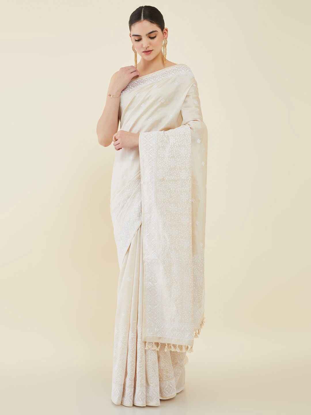 

Soch Ethnic Motifs Embroidered Tussar Saree, Cream