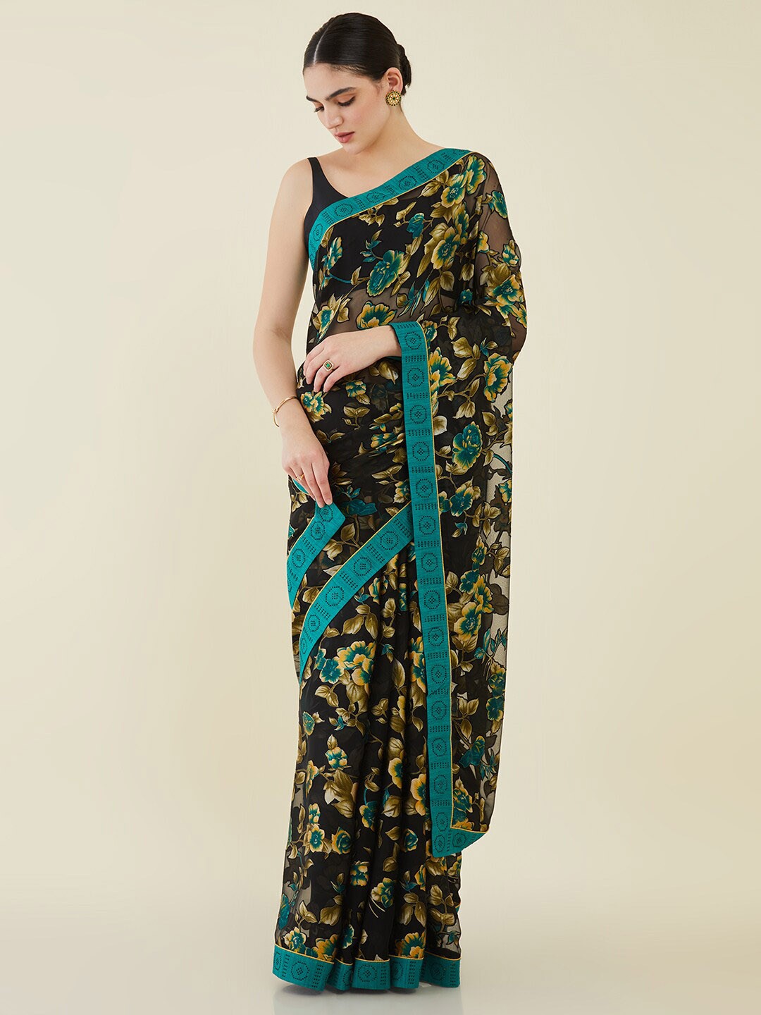 

Soch Printed Floral Beads and Stones Saree, Black