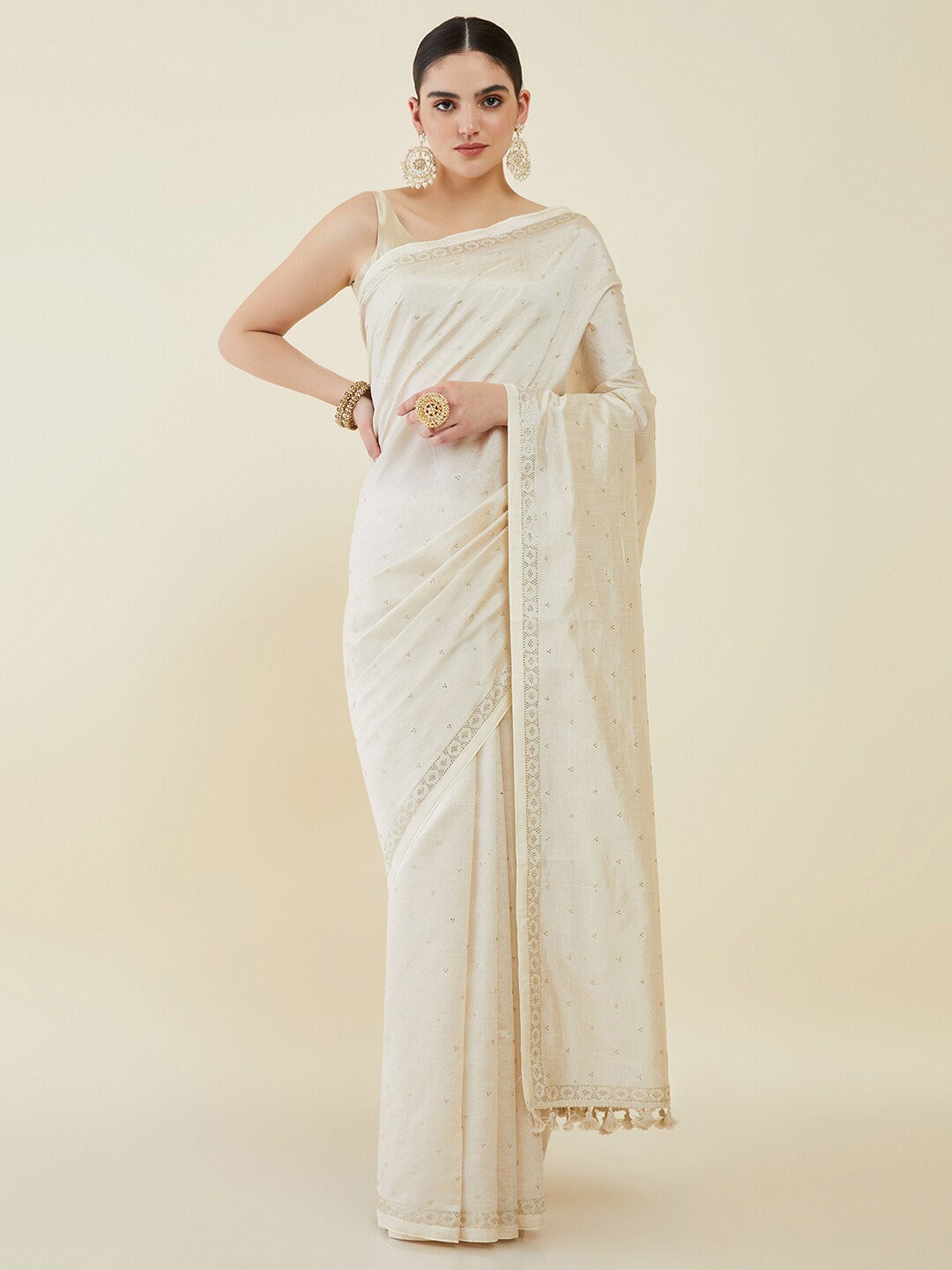 

Soch Embellished Beads and Stones Tussar Saree, Cream