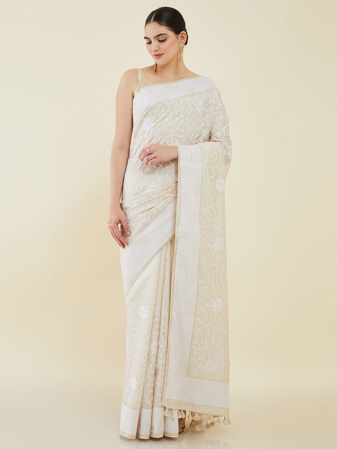 

Soch Floral Embroidered Tussar Saree, Cream