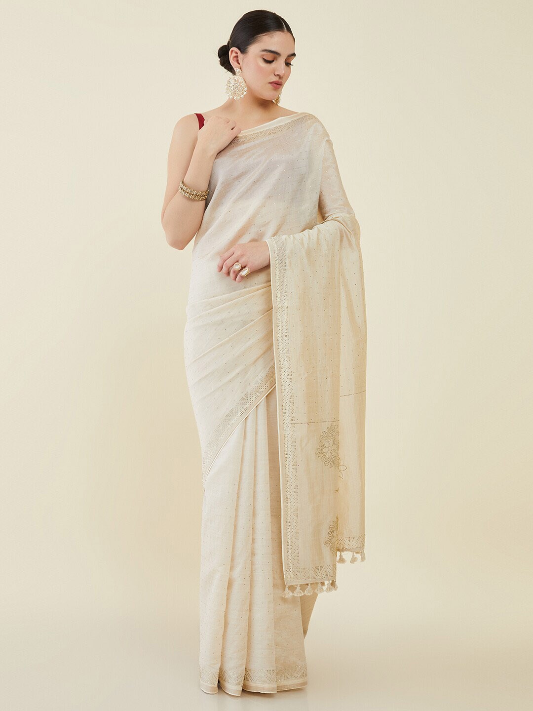 

Soch Embellished Beads and Stones Tussar Saree, Cream