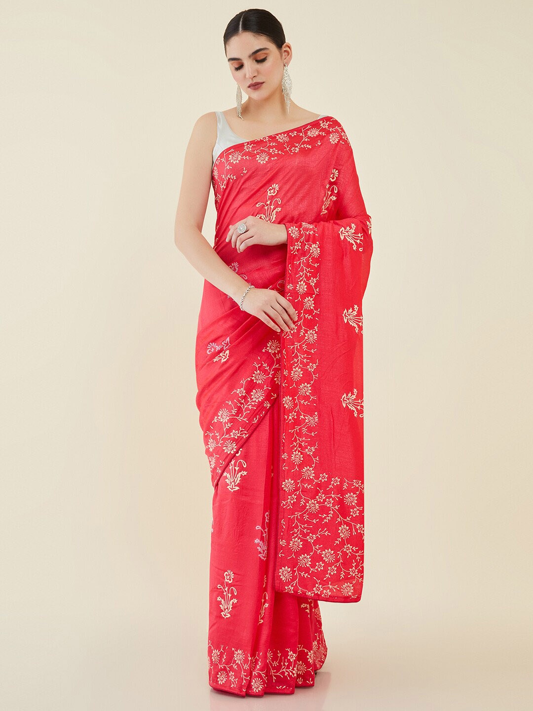 Soch Floral Embroidered Silk Blend Tussar Saree, Coral