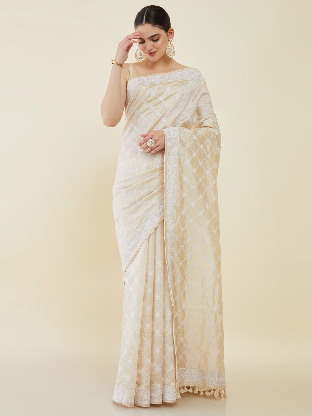 

Soch Ethnic Motifs Embroidered Silk Blend Tussar Saree, Cream