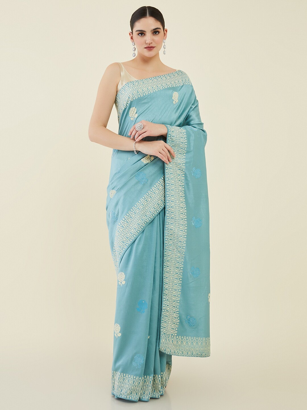 

Soch Floral Silk Blend Tussar Saree, Blue
