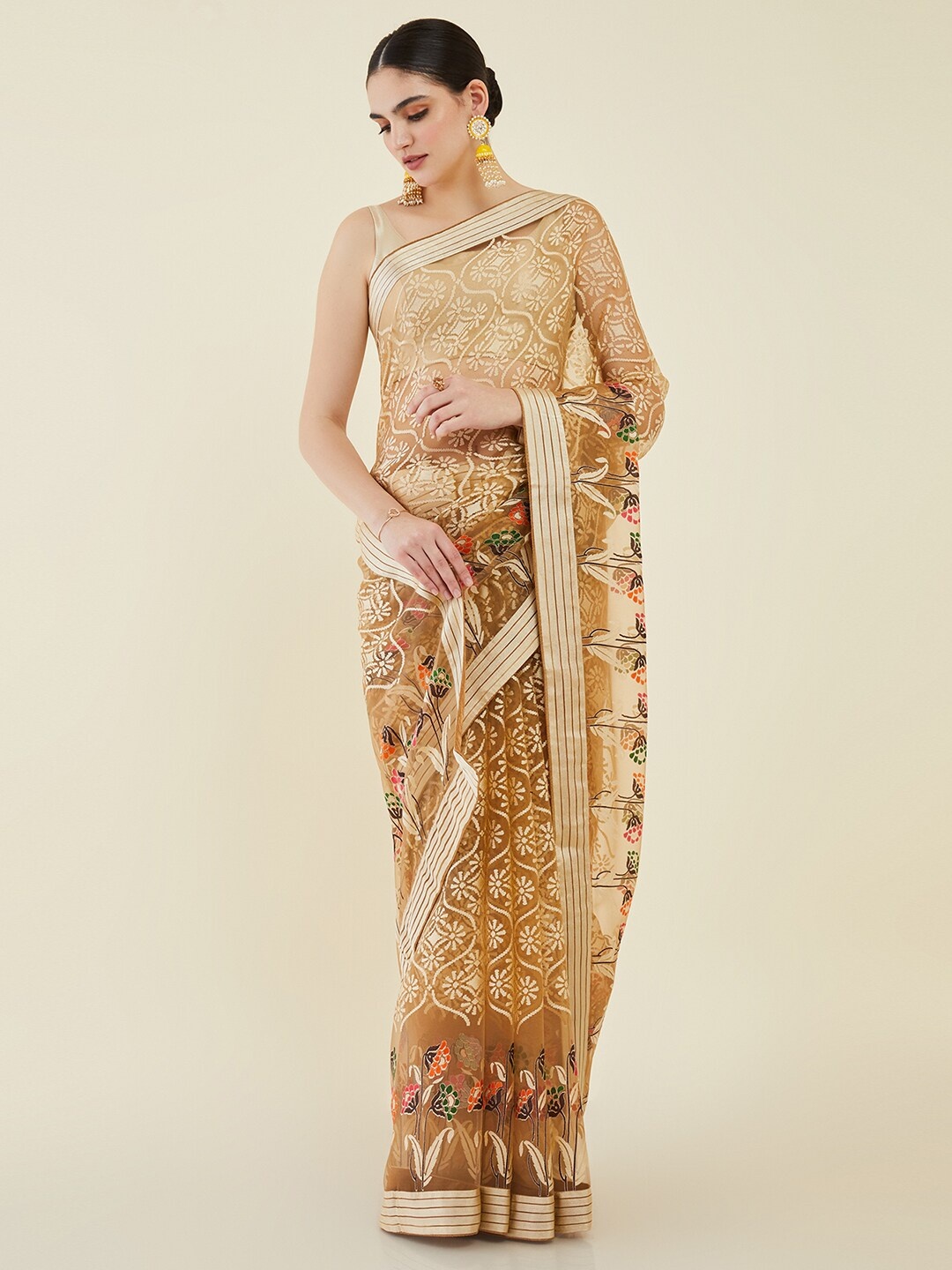 

Soch Ethnic Motifs Printed Organza Saree, Beige