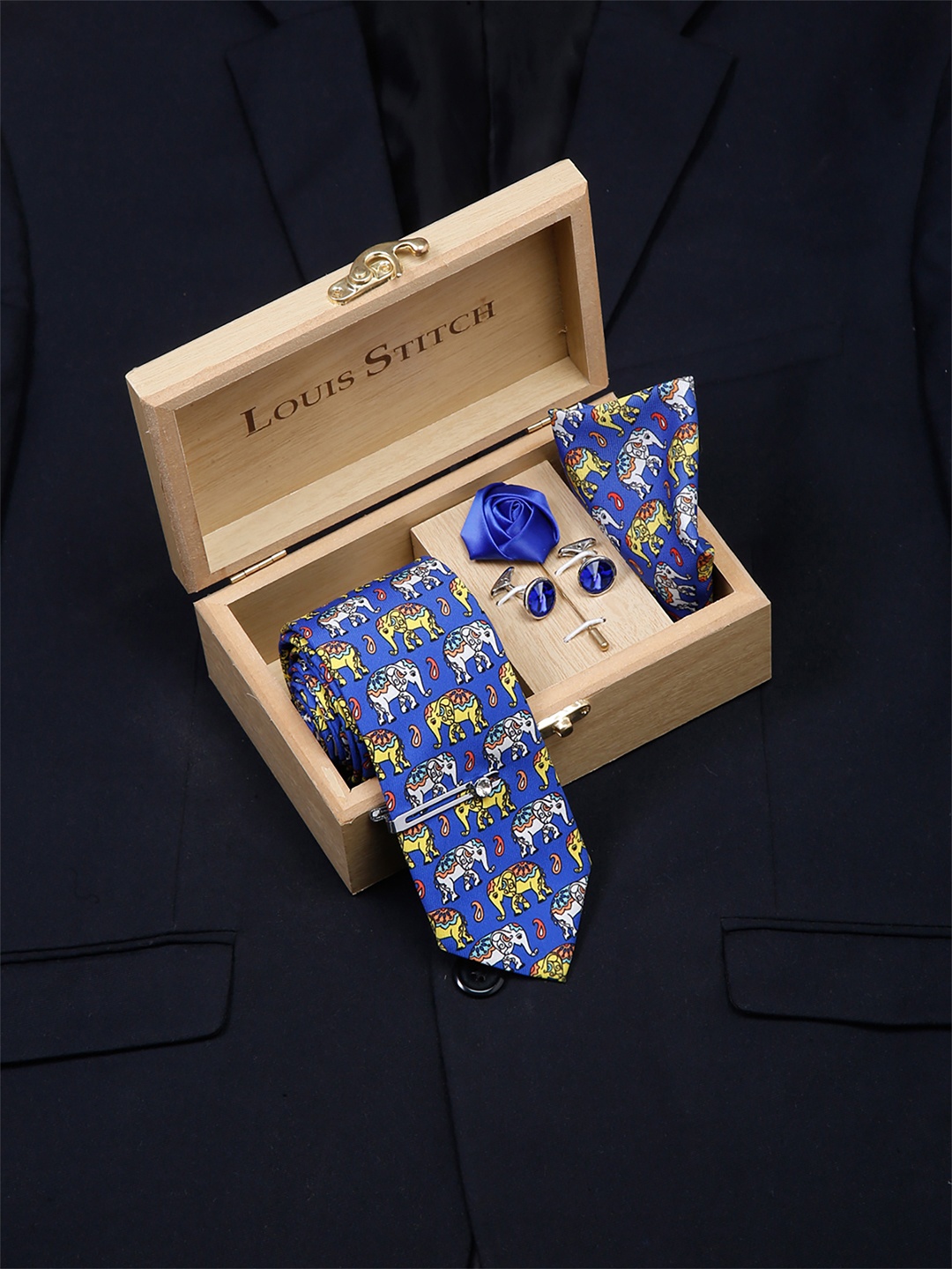 

LOUIS STITCH Men Italian Silk Formal Necktie Tie Accessory Gift Set, Blue