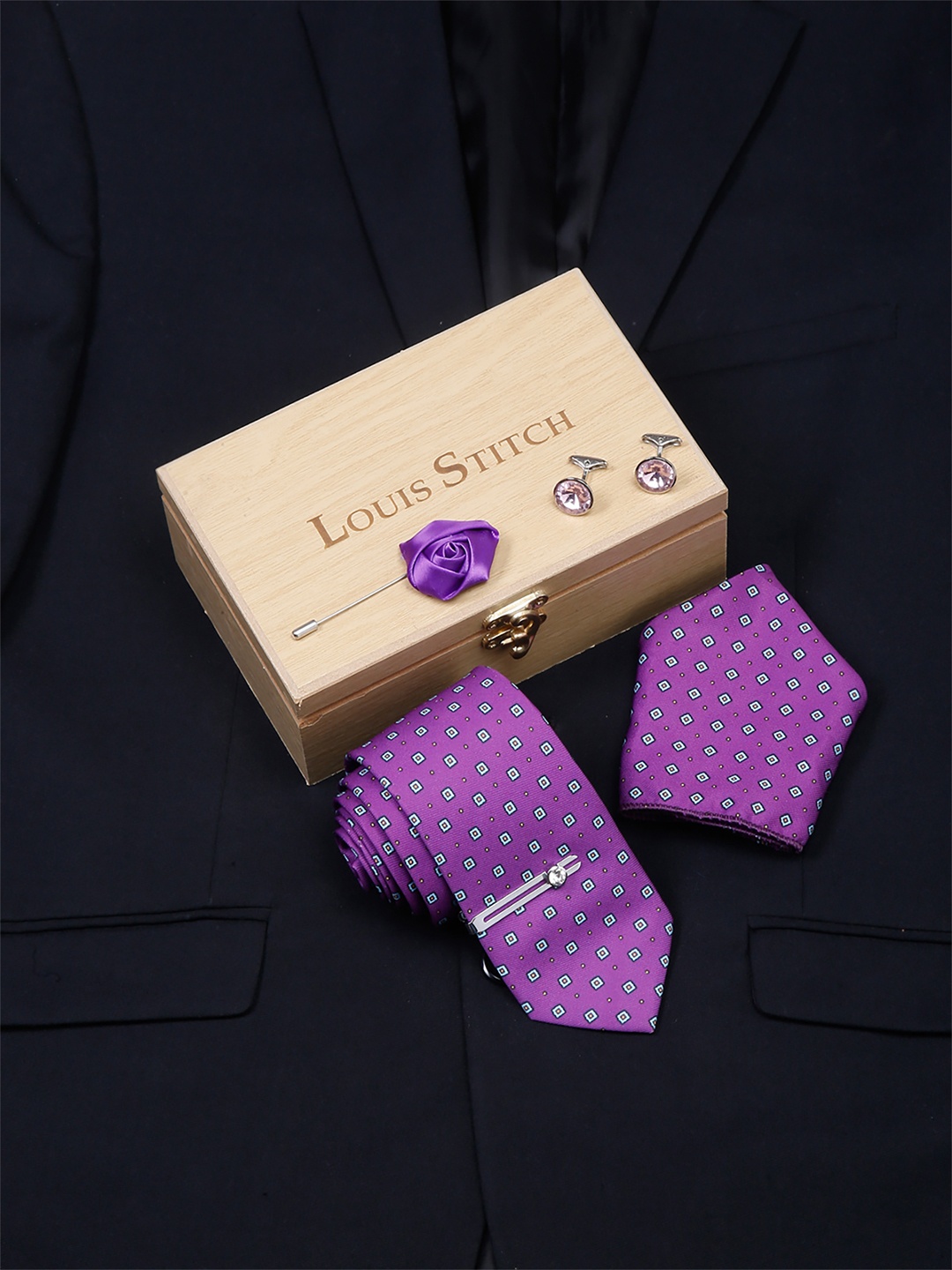 

LOUIS STITCH Men Italian Silk Formal Accessory Gift Set, Purple