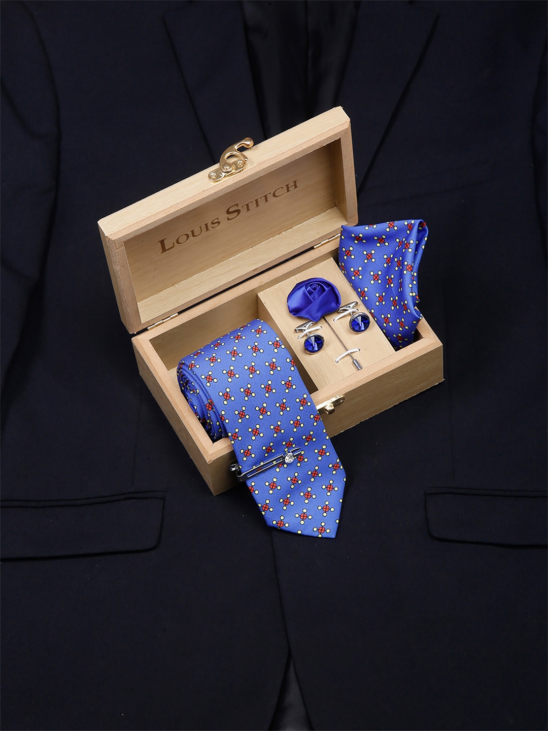

LOUIS STITCH Men Italian Silk Formal Necktie Tie Accessory Gift Set, Blue