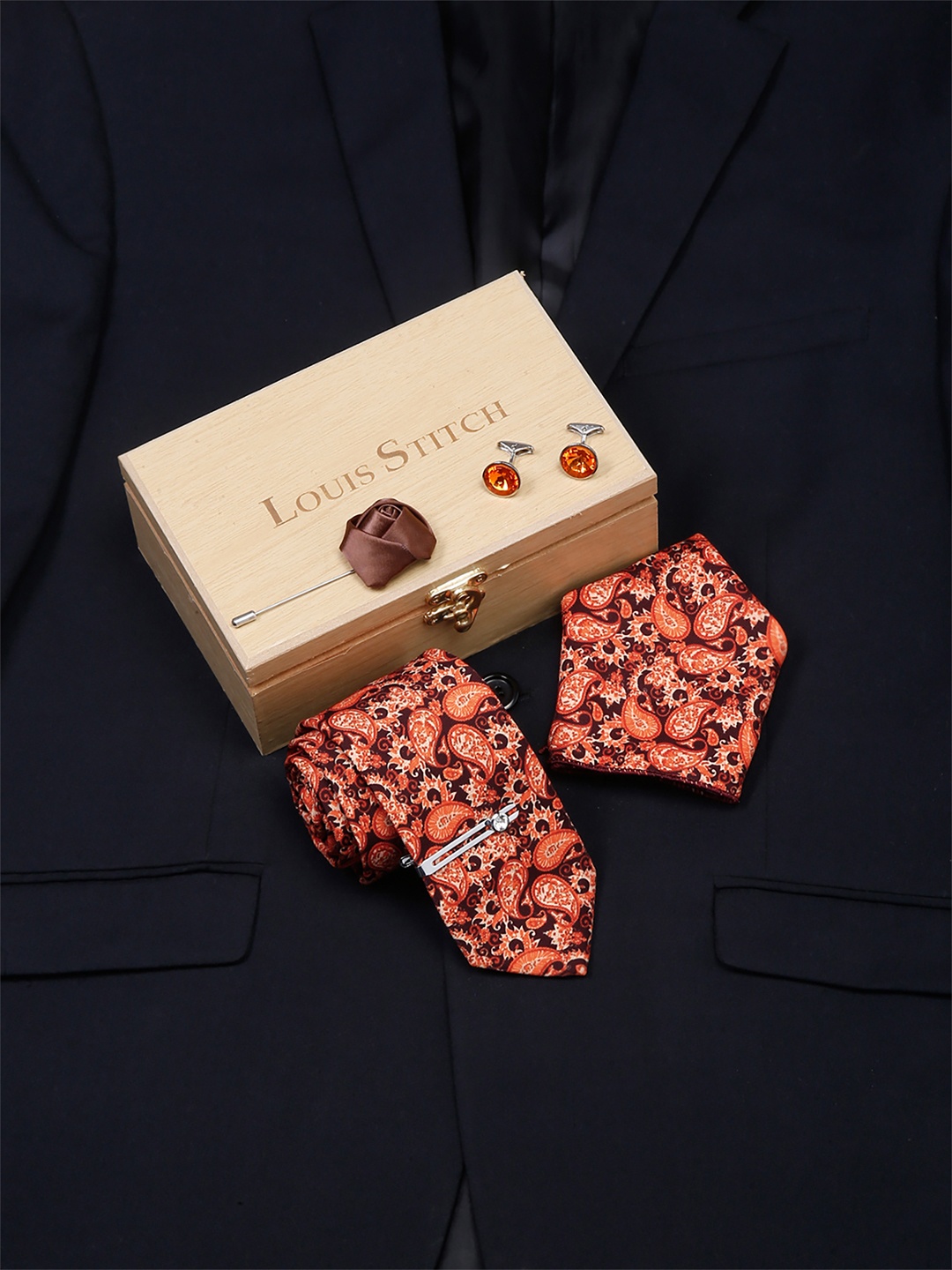 

LOUIS STITCH Men Italian Silk Formal Accessory Gift Set, Maroon