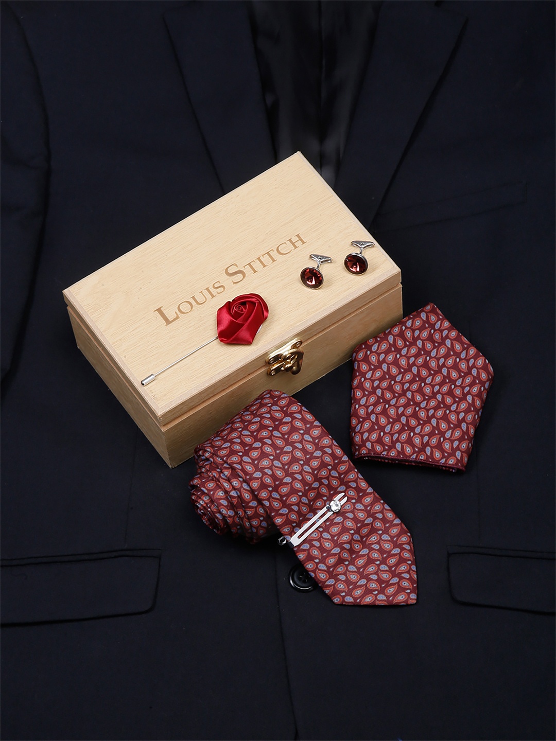 

LOUIS STITCH Men Italian Silk Formal Necktie Tie Accessory Gift Set, Maroon