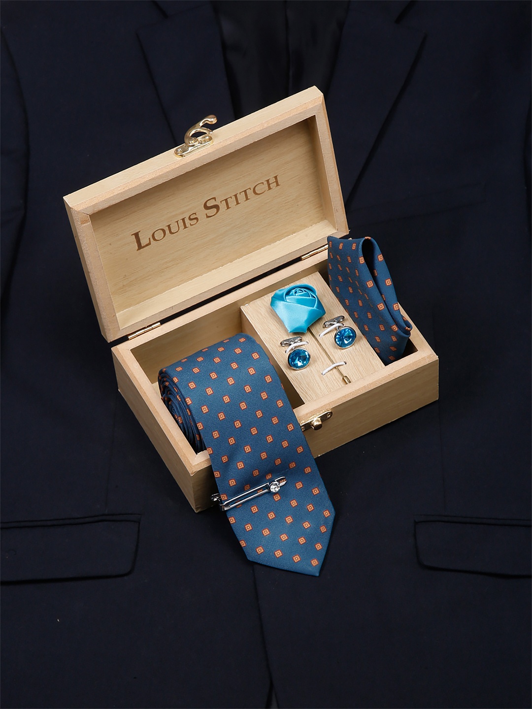 

LOUIS STITCH Men Italian Silk Formal Necktie Tie Accessory Gift Set, Blue