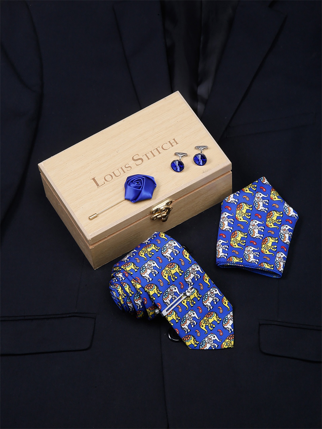 

LOUIS STITCH Men Italian Silk Formal Necktie Tie Accessory Gift Set, Blue