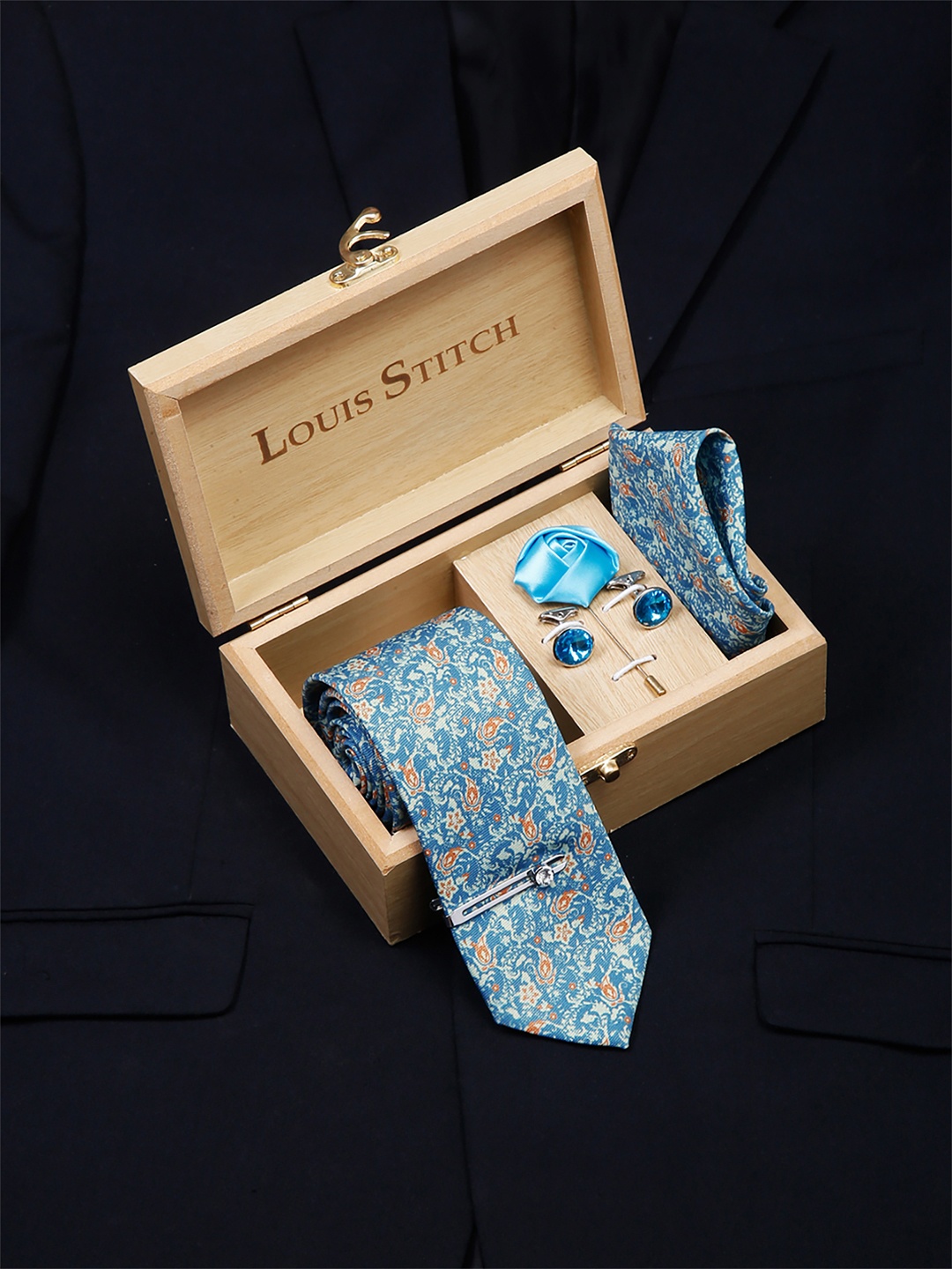 

LOUIS STITCH Men Italian Silk Formal Accessory Gift Set, Blue